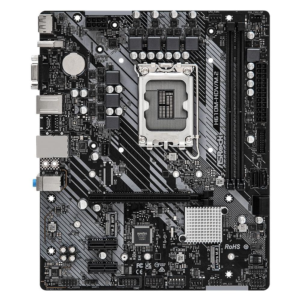 Płyta główna ASRock H610M-HDV/M.2 z gniazdem CPU, slotami RAM i złączami.