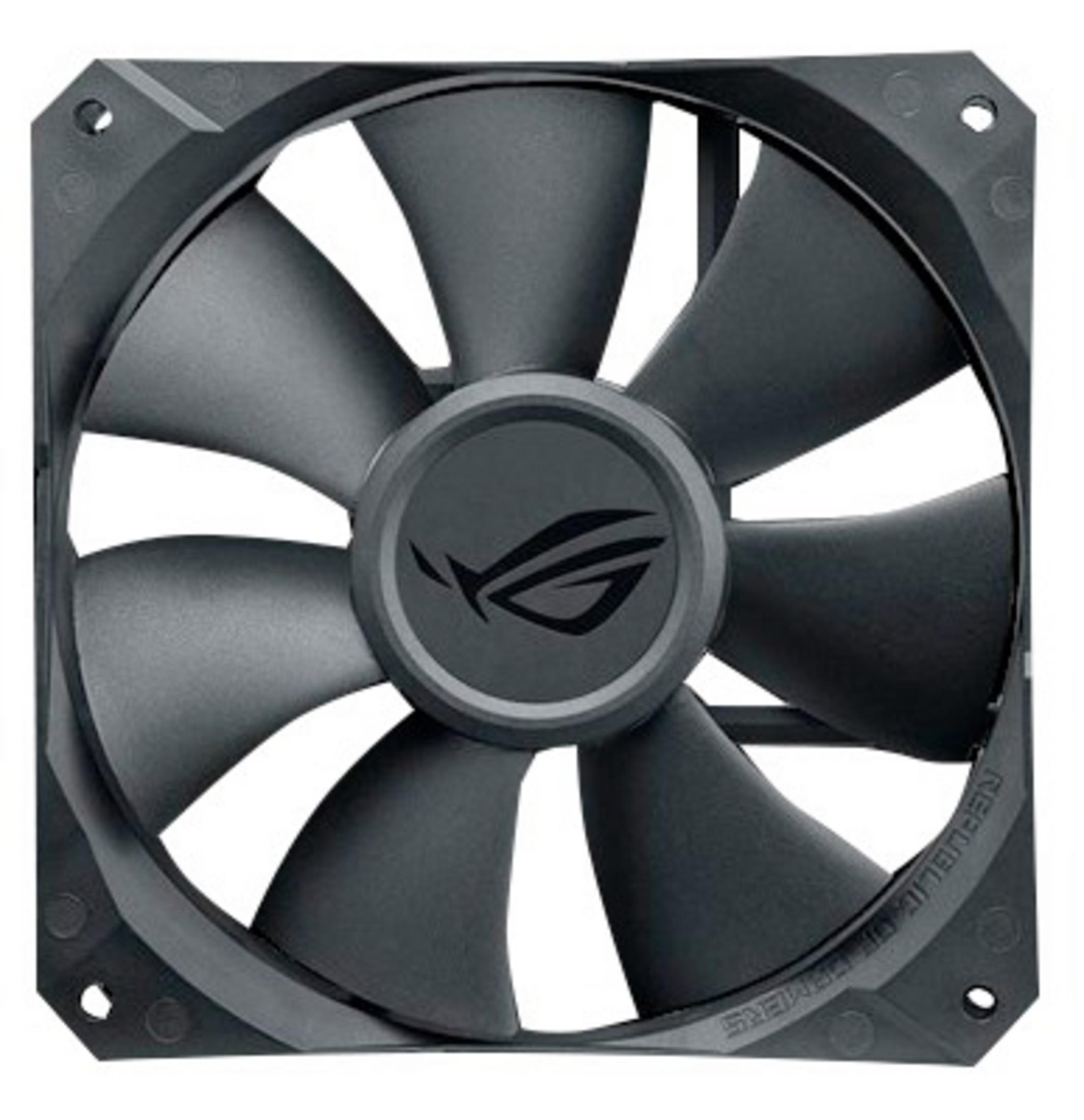 Schwarzer Computerlüfter mit ROG-Logo und neun Rotorblättern.