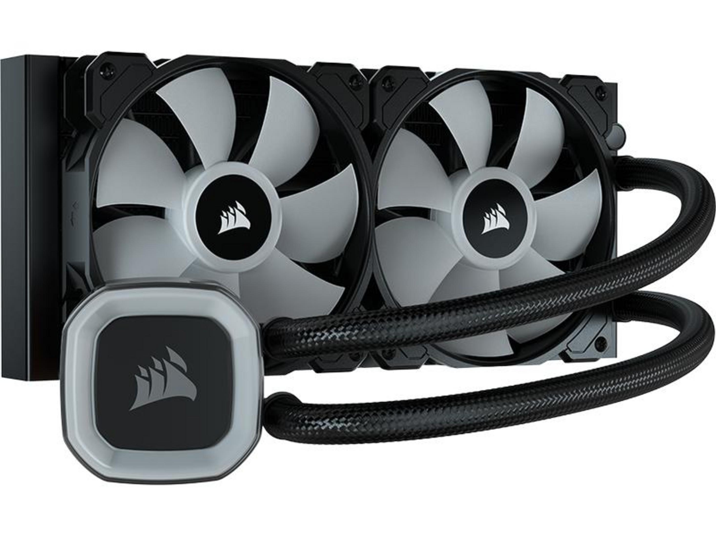 Un enfriador de CPU negro con dos ventiladores blancos, bomba y mangueras.
