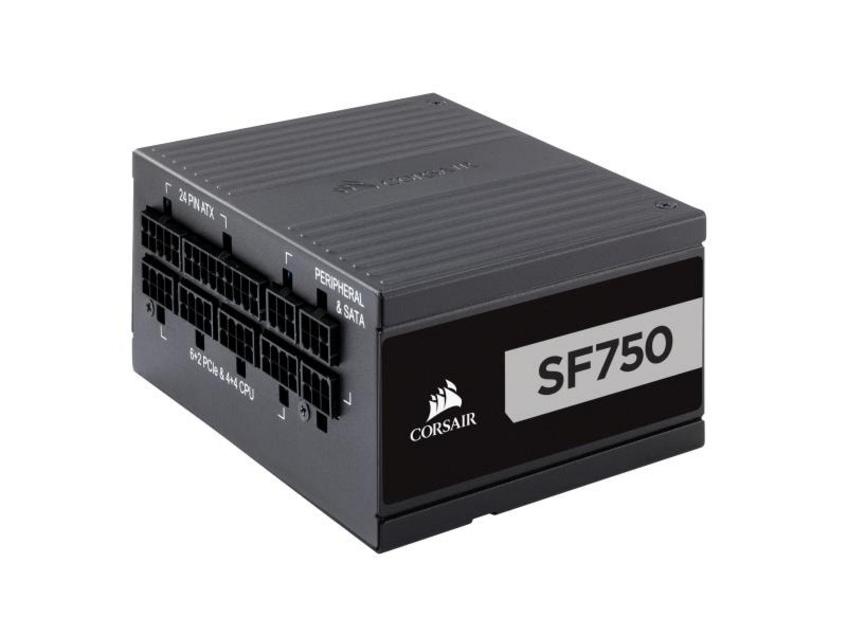 Alimentatore Corsair SF750 nero con connettori ATX, PCIe e SATA.