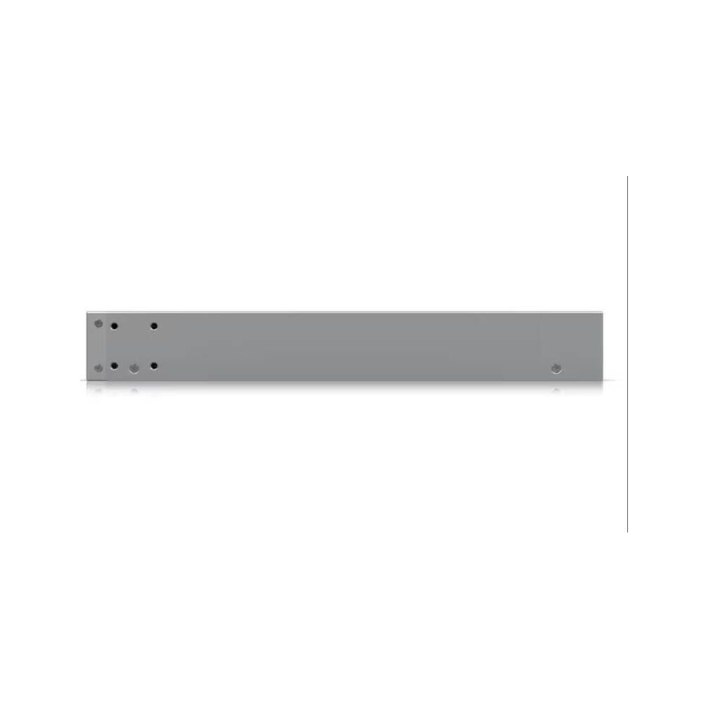 Alloggiamento rack grigio con quattro fori sul lato anteriore sinistro.