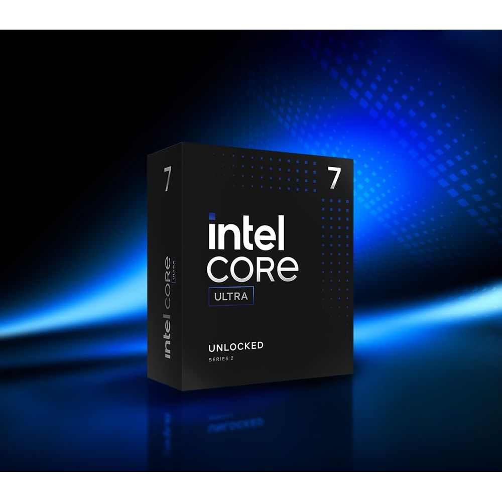 Pudełko procesora Intel Core Ultra 7 na niebieskim tle.