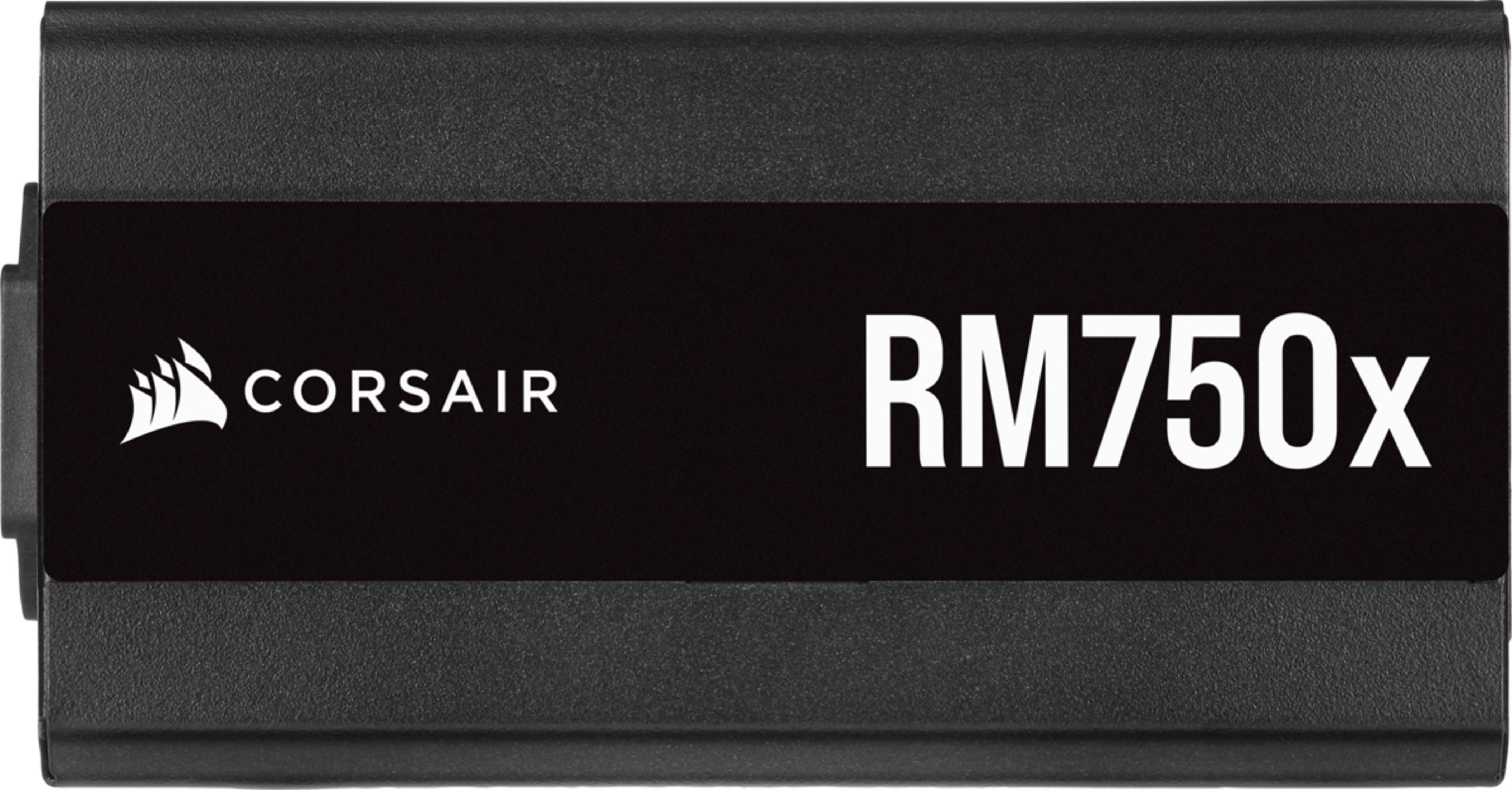 Alimentatore Corsair RM750x nero con logo bianco e numero modello.