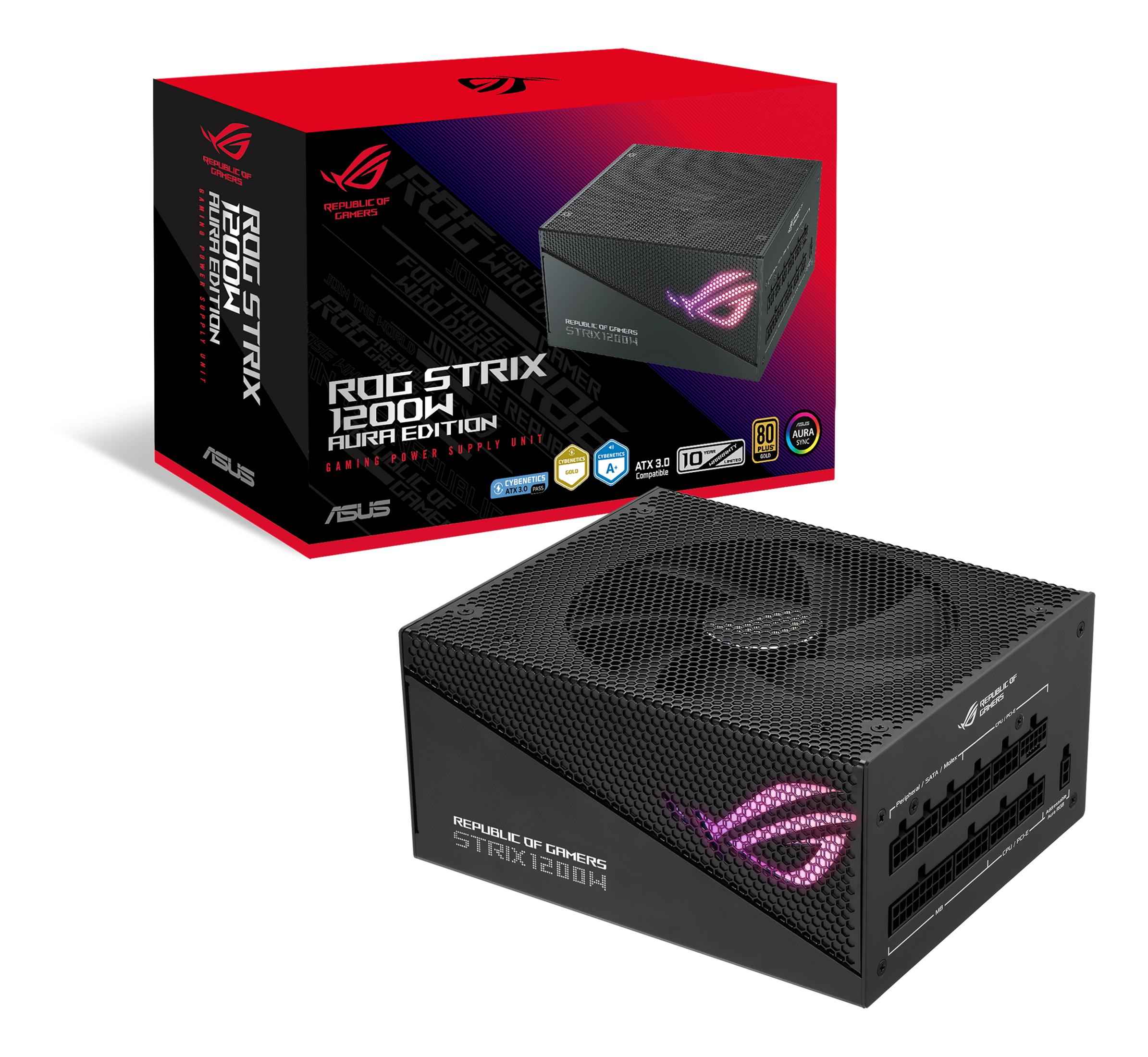 Czarny zasilacz z oznaczeniem ROG Strix 1200W Aura Edition i fioletowym logo.