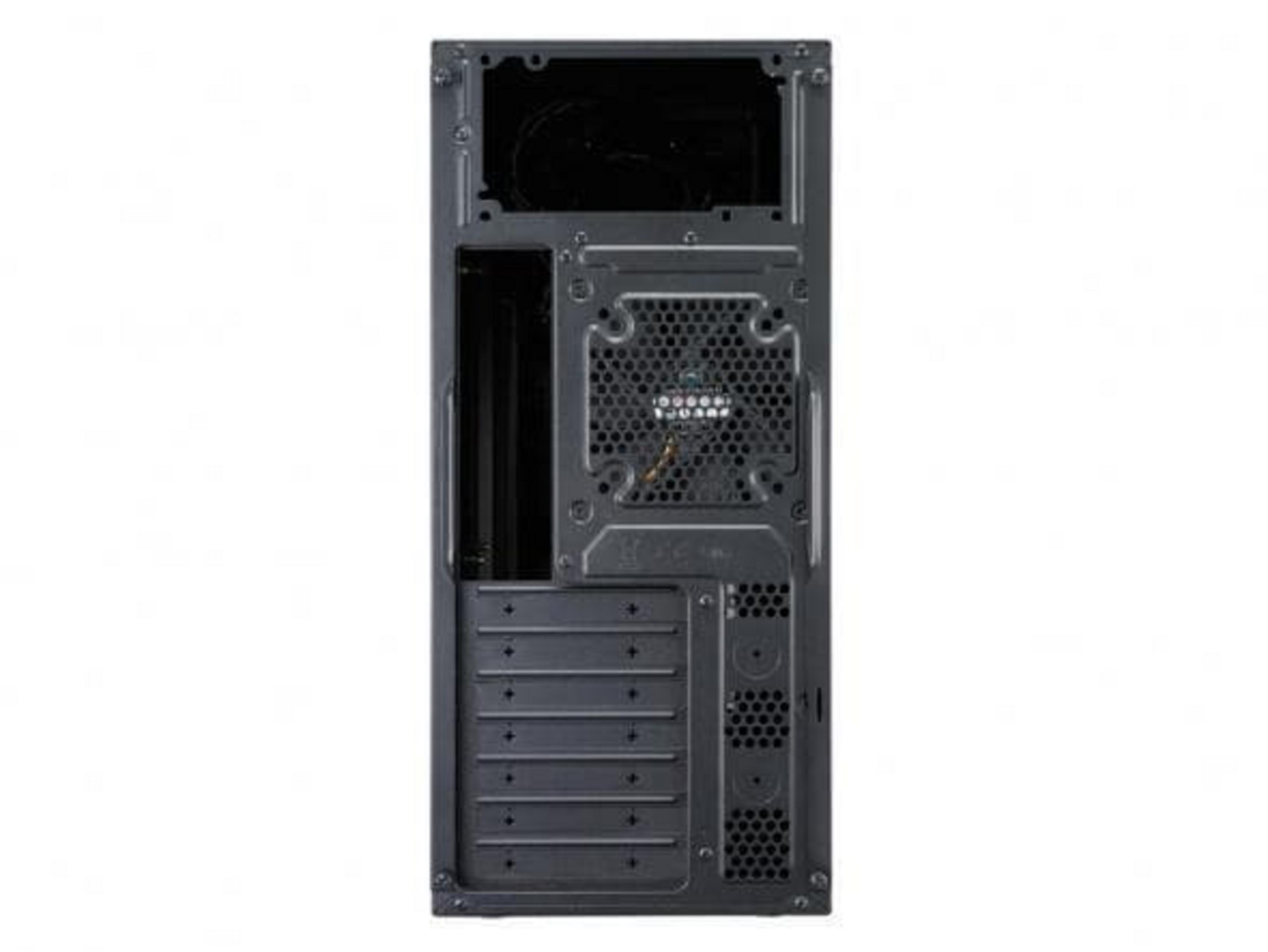 Arrière d'un boîtier d'ordinateur noir avec ventilateur et emplacements.