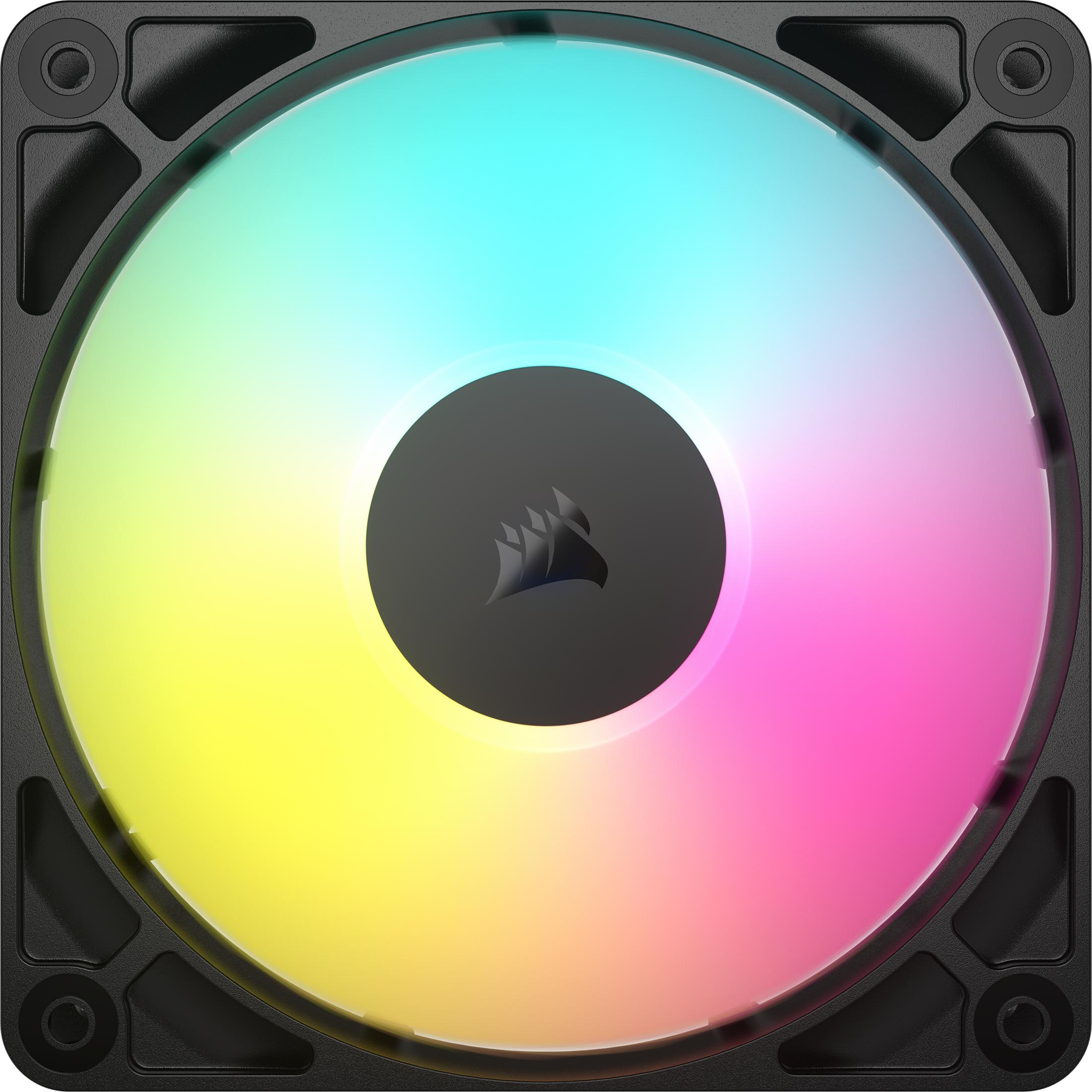 Un ventilateur PC noir avec éclairage RVB arc-en-ciel.