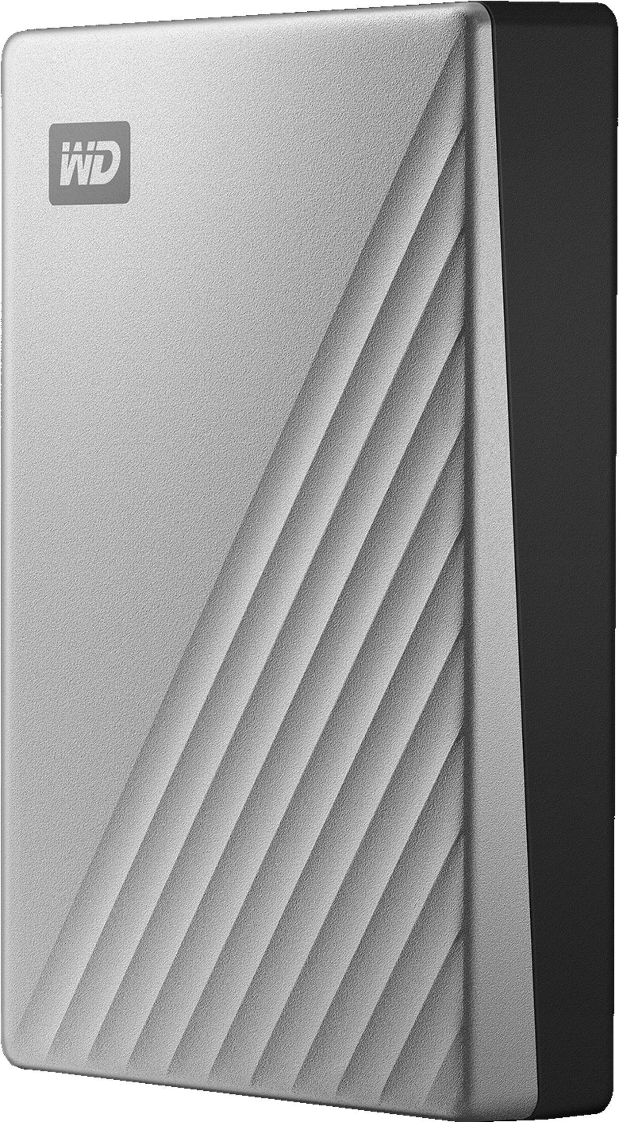 Srebrny dysk zewnętrzny z teksturowaną powierzchnią i ukośnymi rowkami.