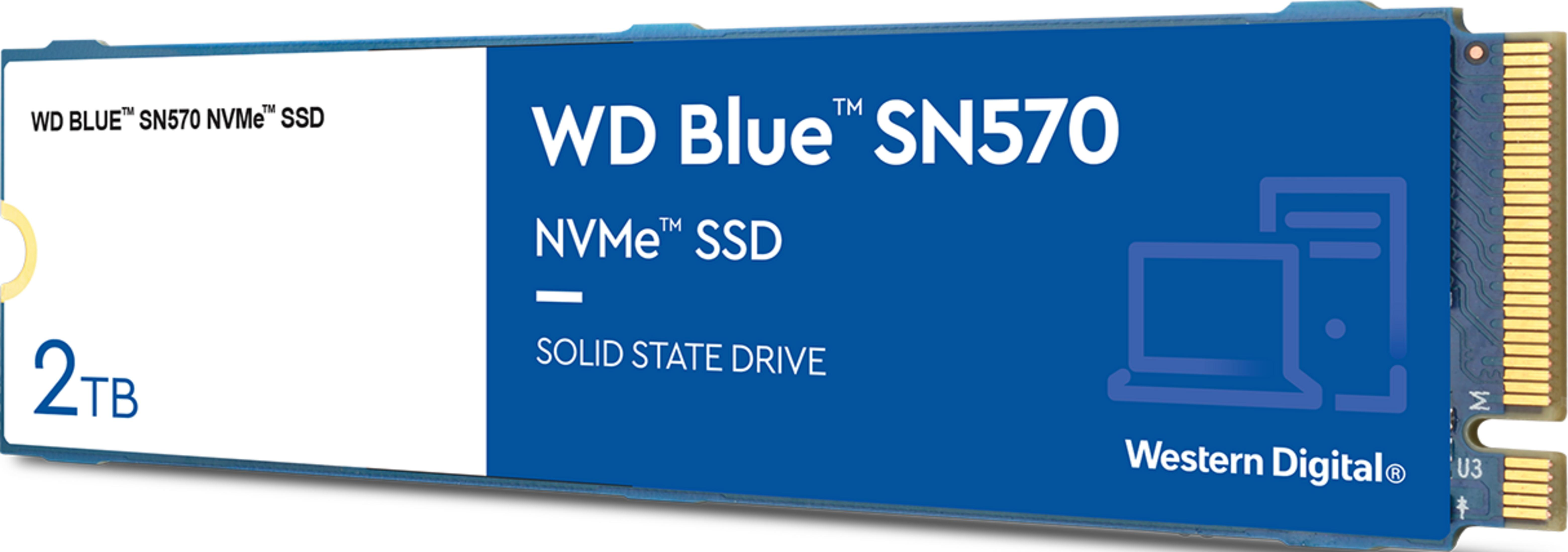 Dysk SSD NVMe WD Blue SN570 2TB z ikoną laptopa i logo Western Digital.
