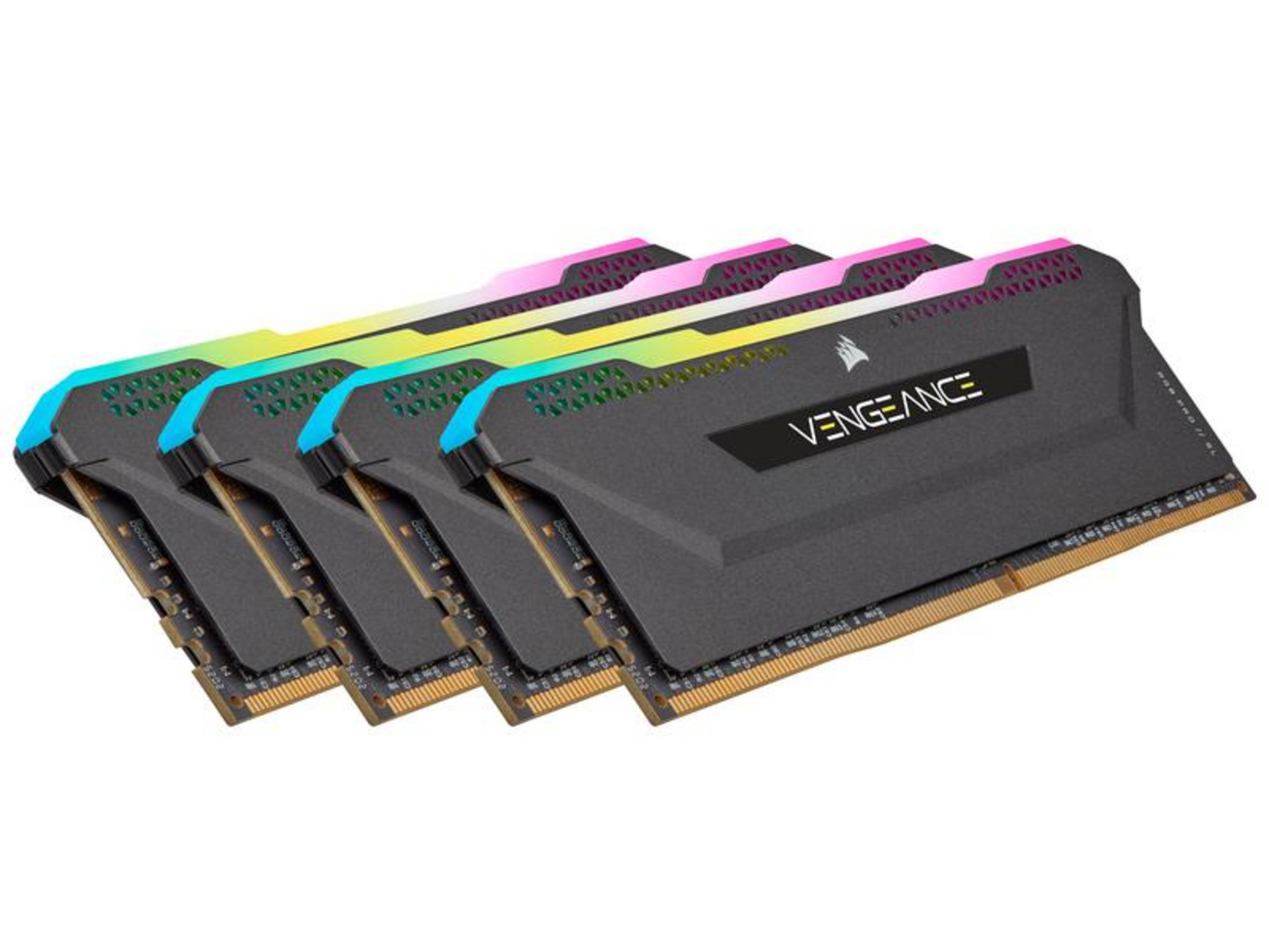 Cztery czarne moduły RAM z podświetleniem RGB w odcieniach różu, żółci i błękitu.