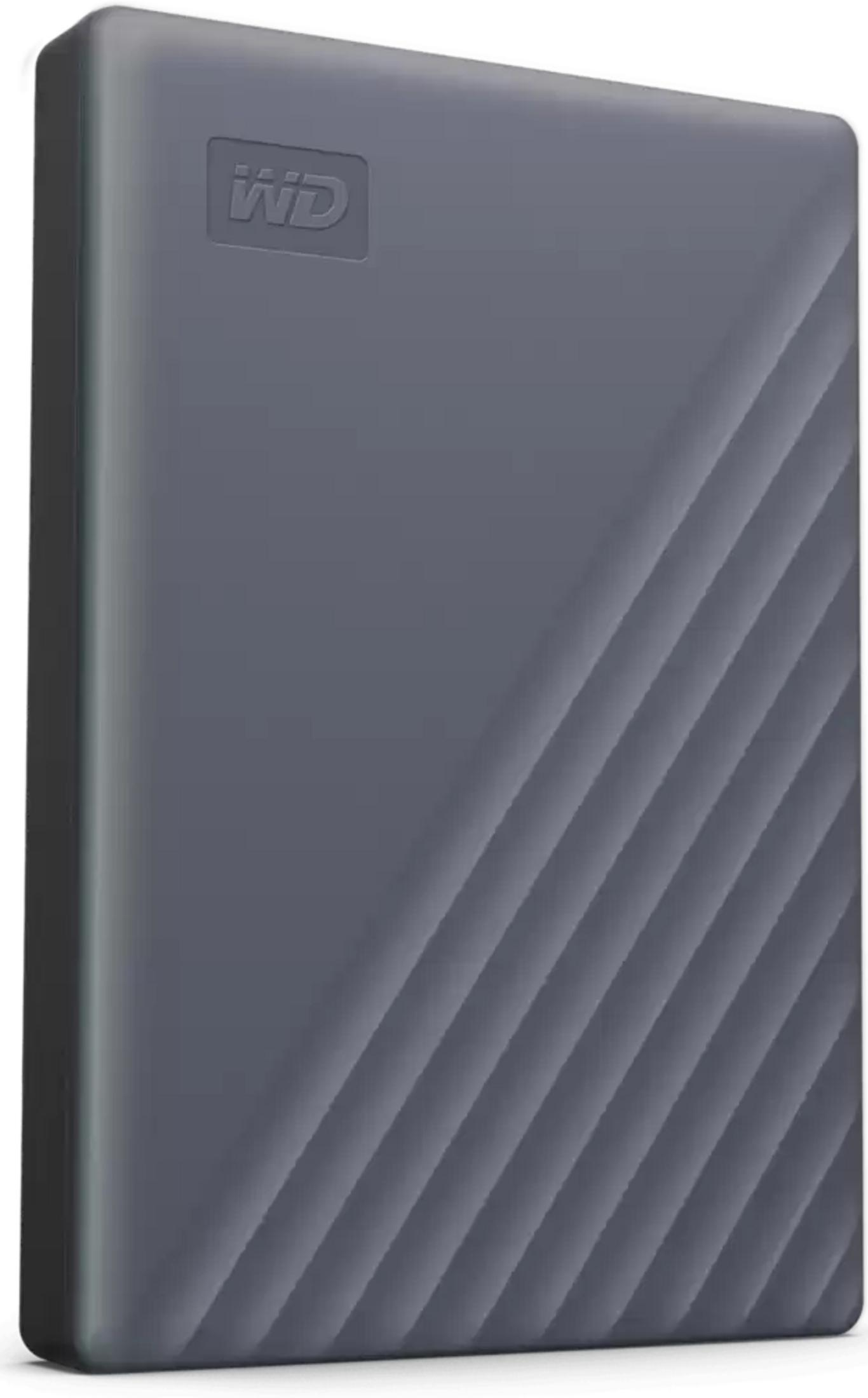 Hard disk esterno WD My Passport grigio con texture a coste.