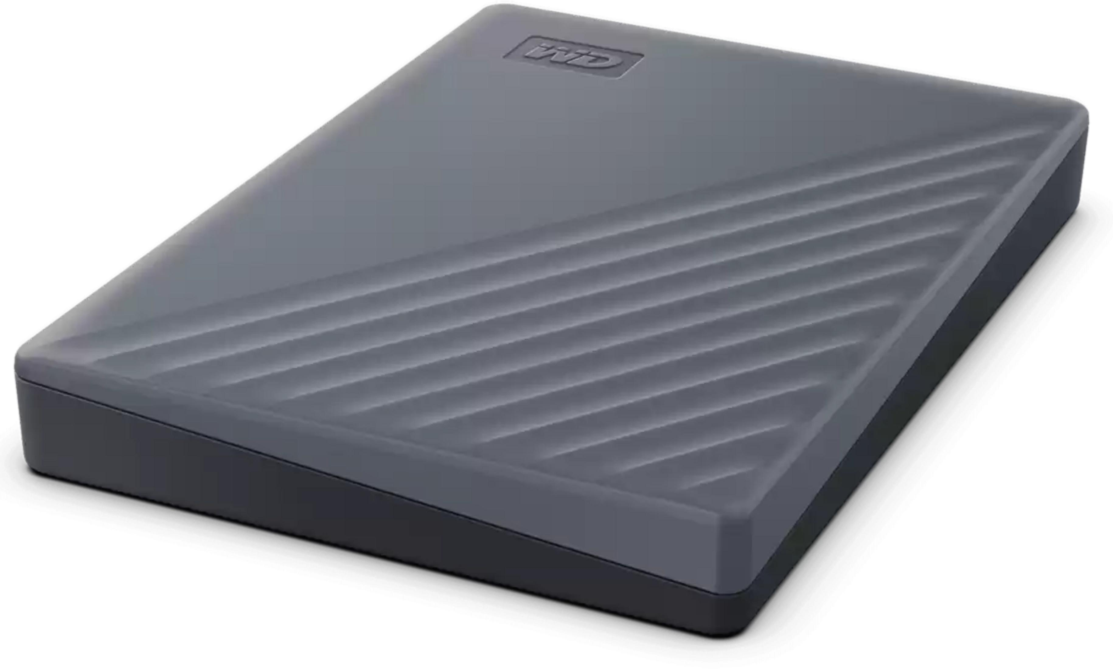 Hard disk esterno WD grigio con motivo a coste e logo.