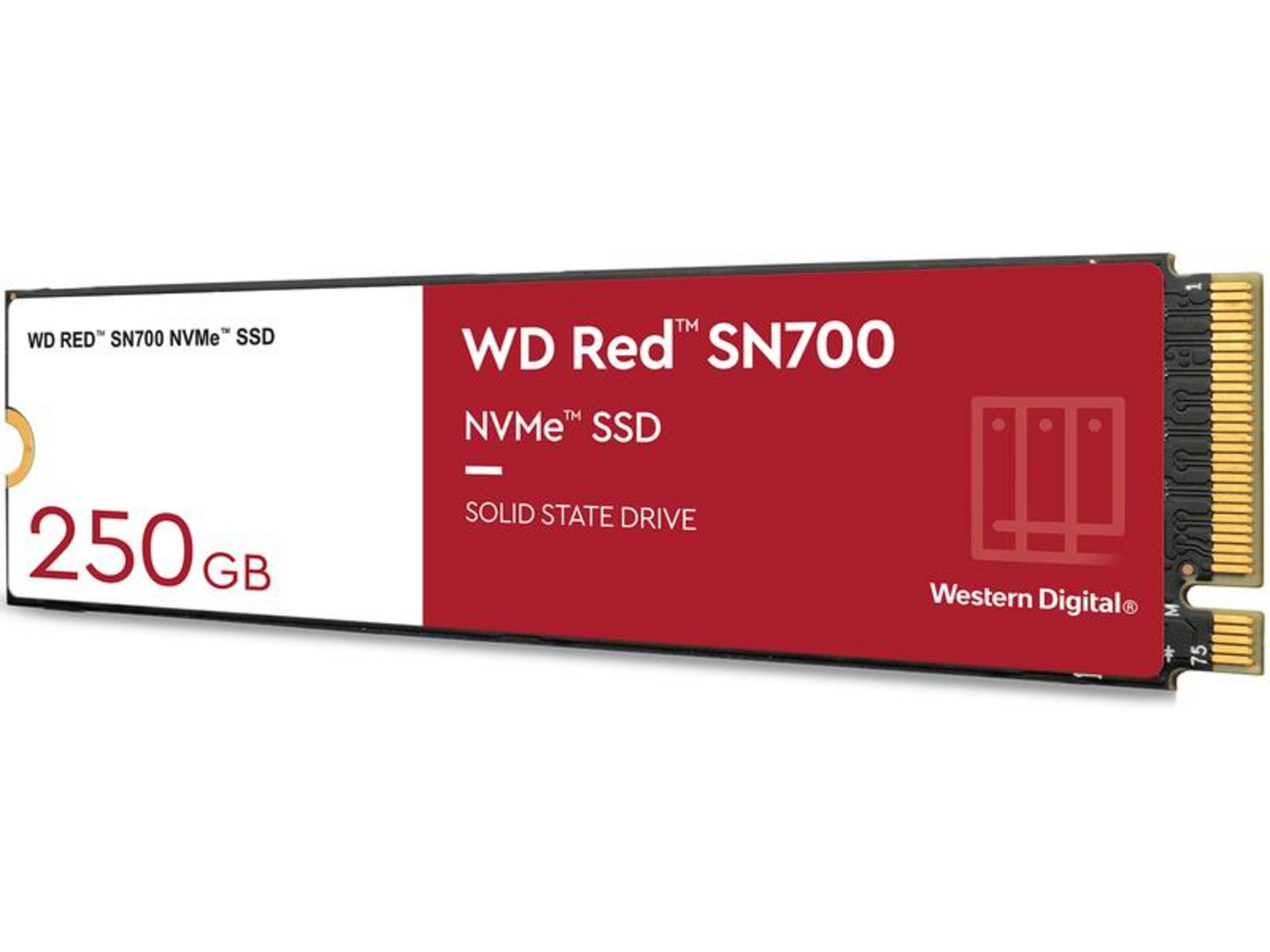 Czerwony dysk SSD NVMe WD Red SN700 250 GB z logo Western Digital.
