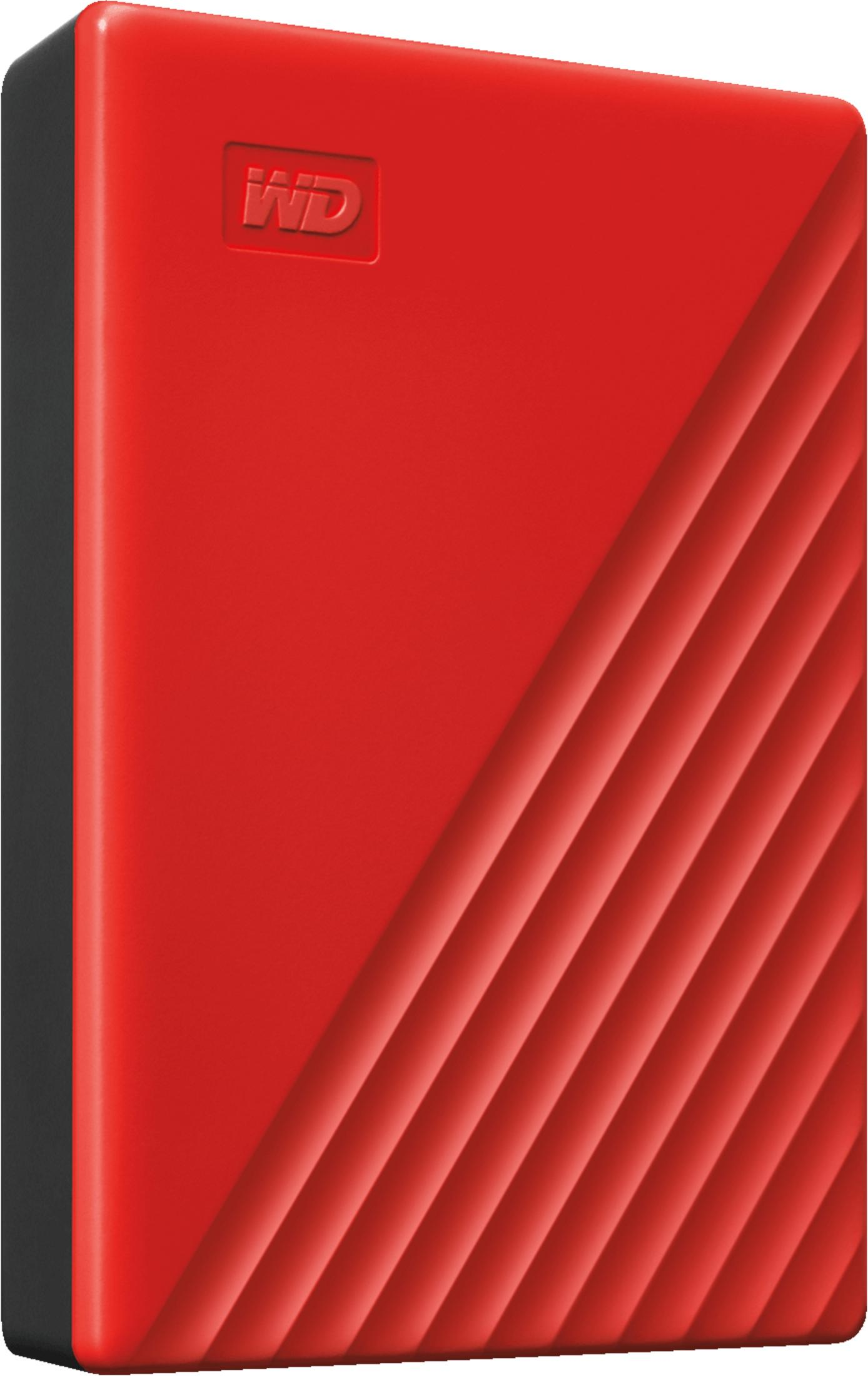 Czerwony zewnętrzny dysk WD z prążkowaną fakturą.