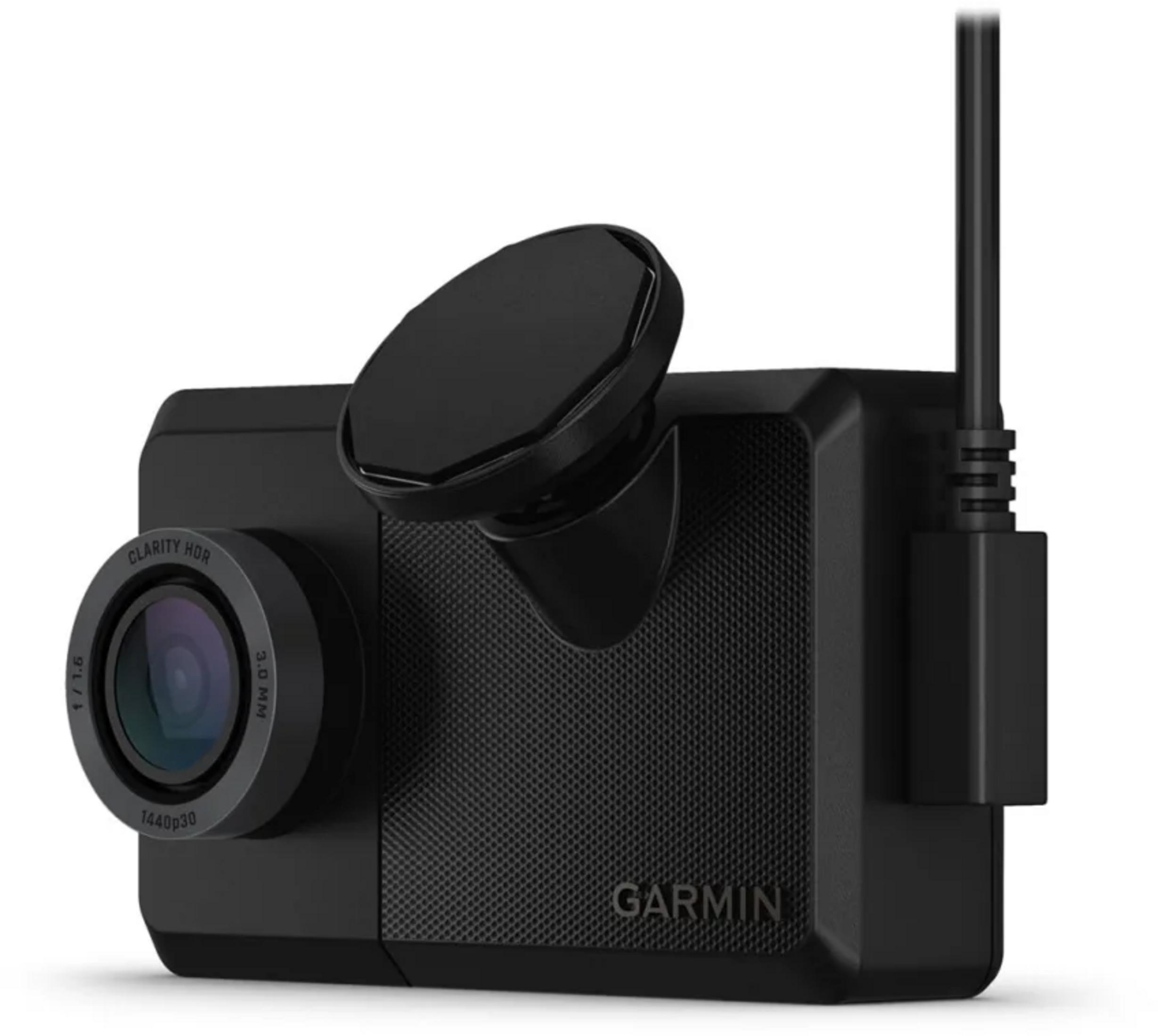 Schwarzer Garmin Dashcam mit Magnetbefestigung und Kabel.