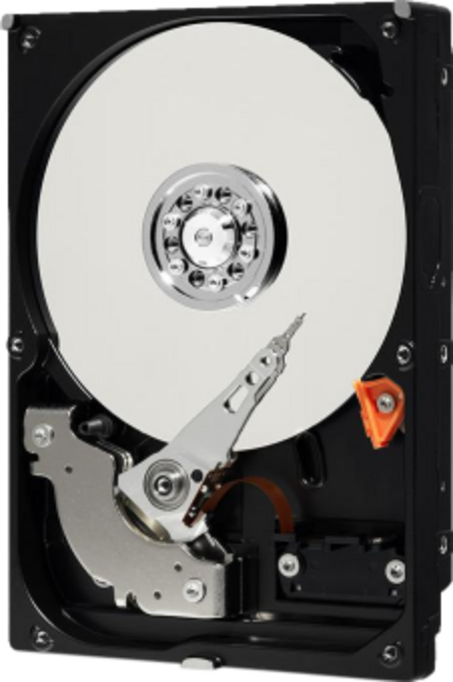 Un hard disk drive (HDD) nero aperto con piatto argentato e testina di lettura/scrittura.