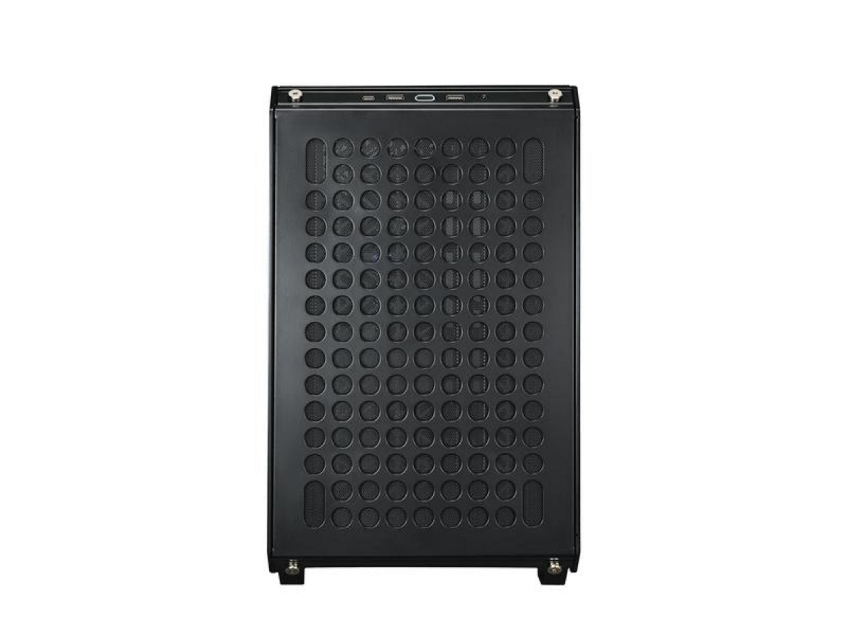Un case per computer nero con molte prese d'aria rotonde e porte in alto.