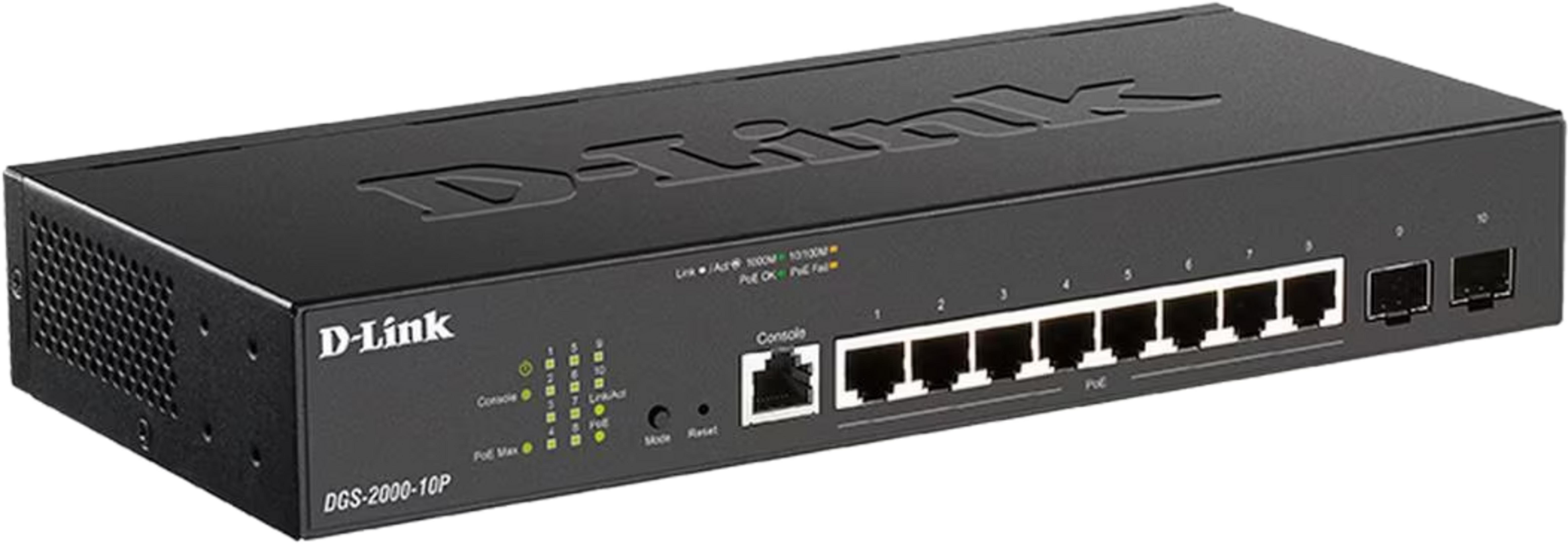 Uno switch di rete D-Link nero con 10 porte e LED di stato.