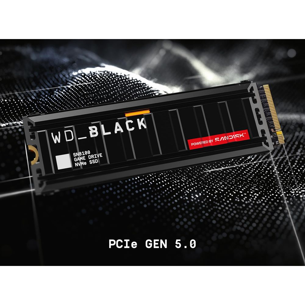 Dysk SSD NVMe WD_BLACK SN8100 z napisem PCIe GEN 5.0, w centrum.