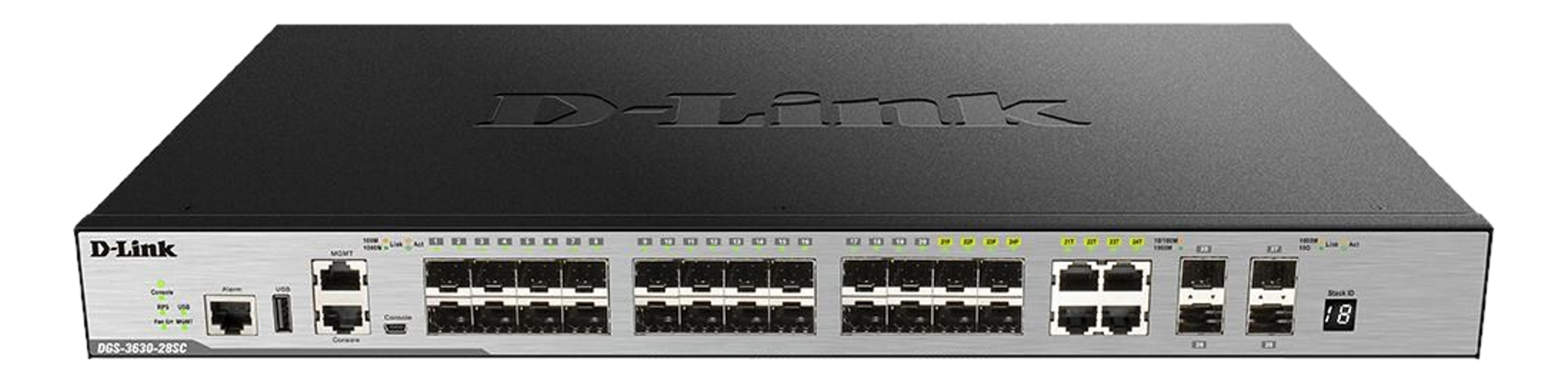 Switch di rete D-Link DGS-3630-28SC con più porte e spie di stato.