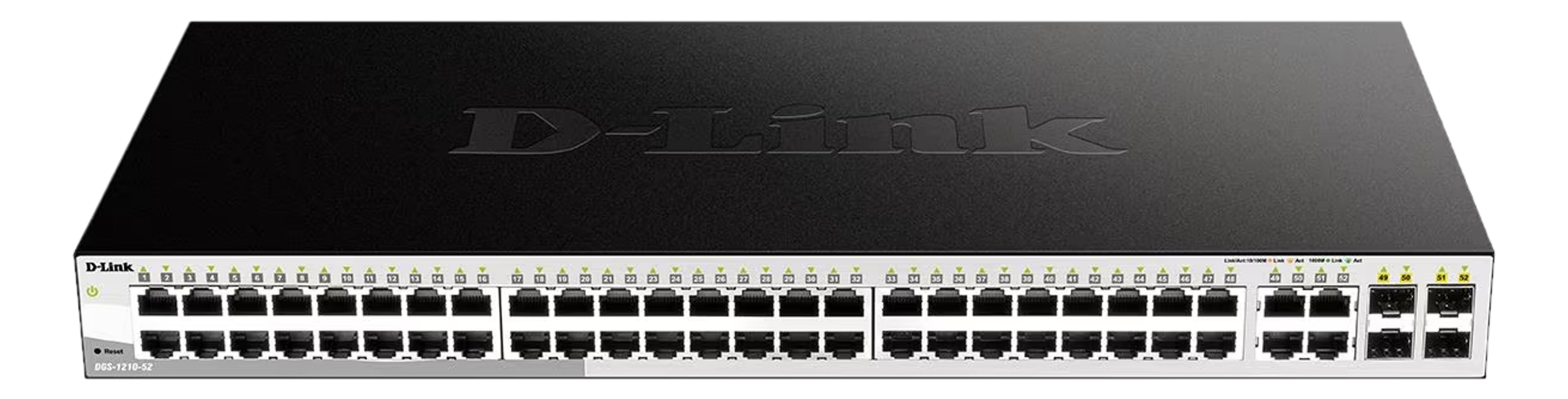 Een zwarte D-Link netwerkswitch met veel poorten en status-LEDs.