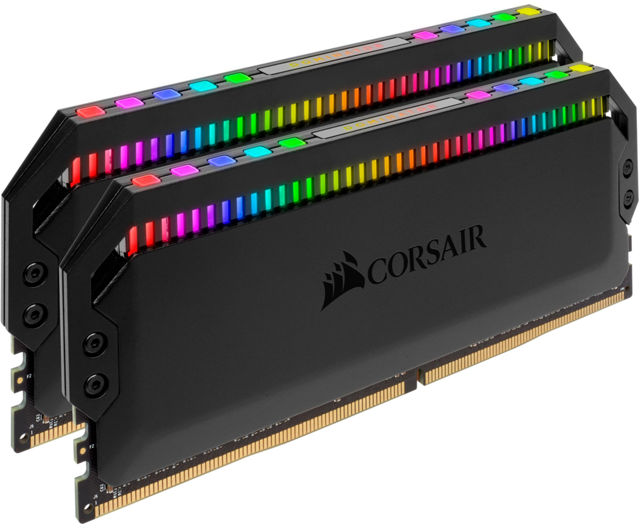 Dwa czarne moduły RAM Corsair z podświetleniem RGB, obok siebie.