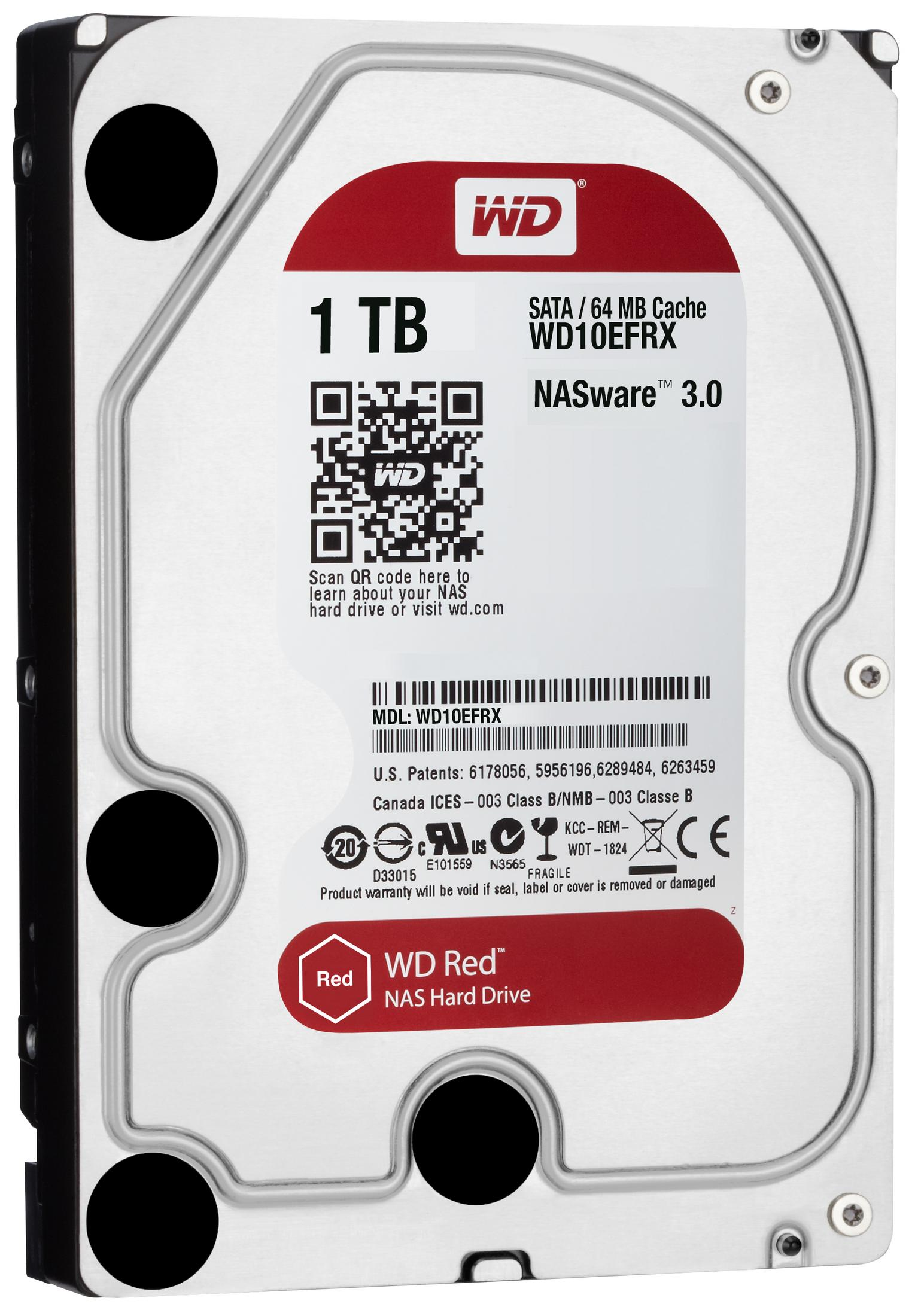 Hard disk NAS WD Red da 1 TB con chassis argento ed etichetta rossa.