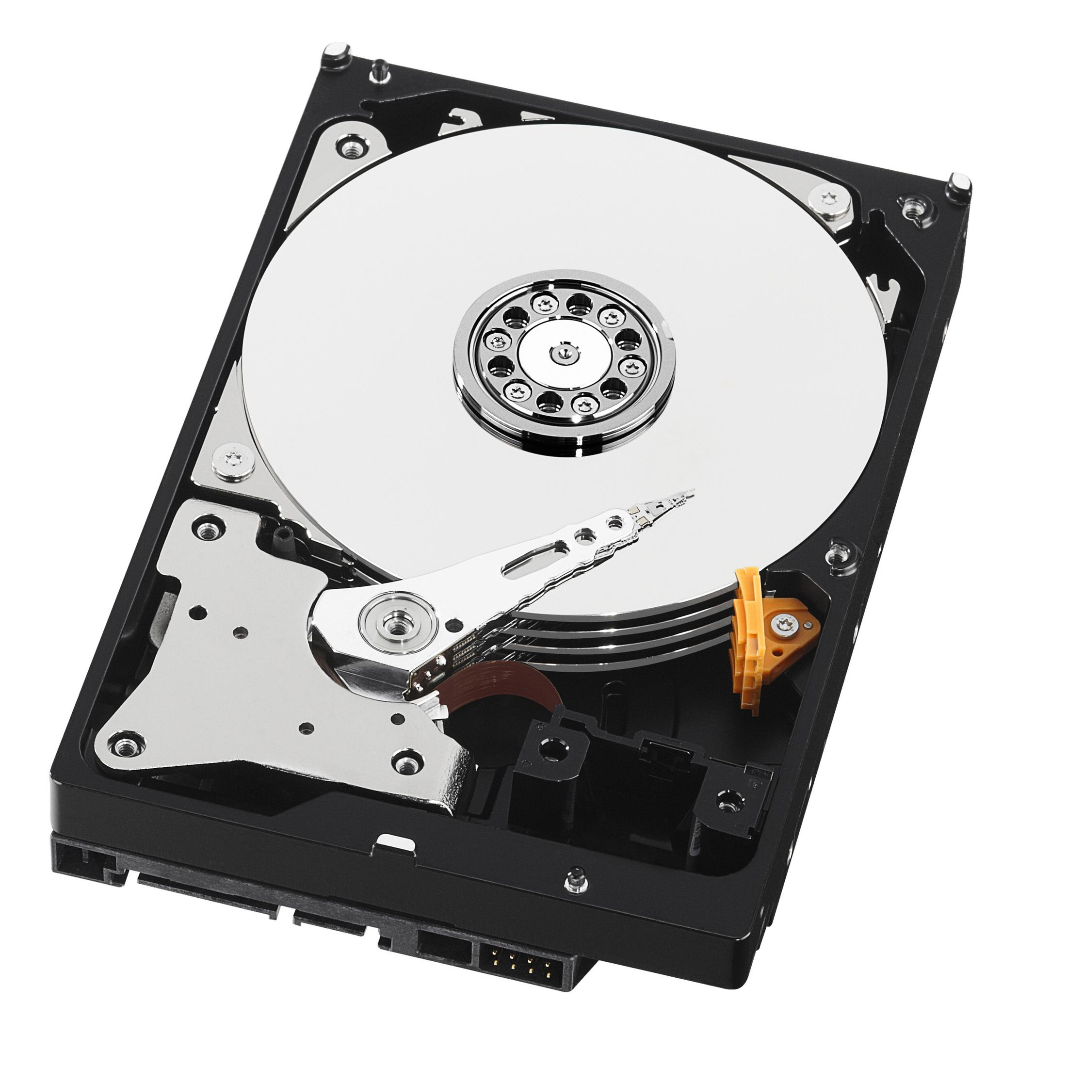 Un hard disk nero aperto con piatti lucidi e un braccio di lettura/scrittura.