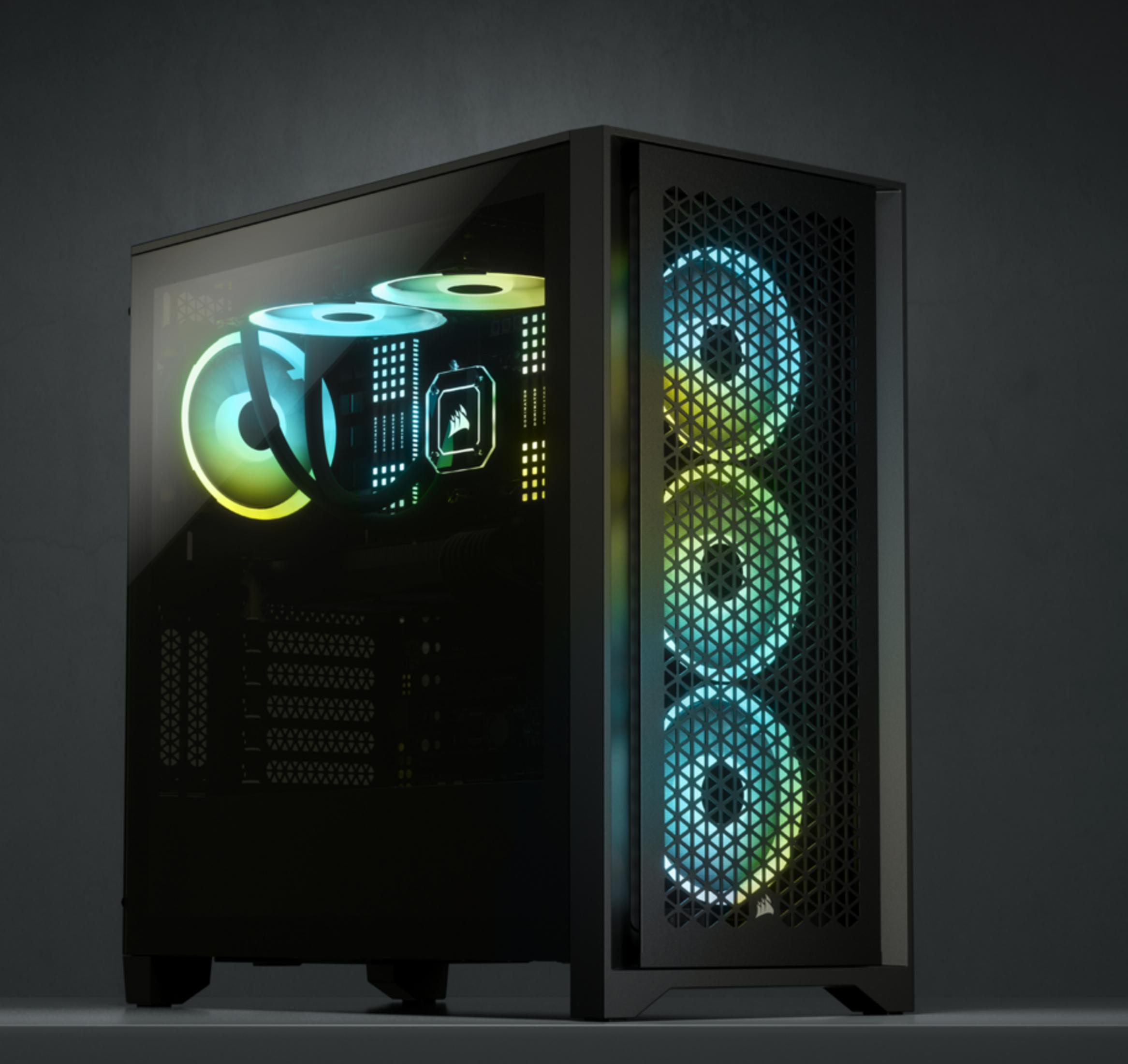 Czarna obudowa komputera z podświetlanymi niebiesko-zielonymi wentylatorami.