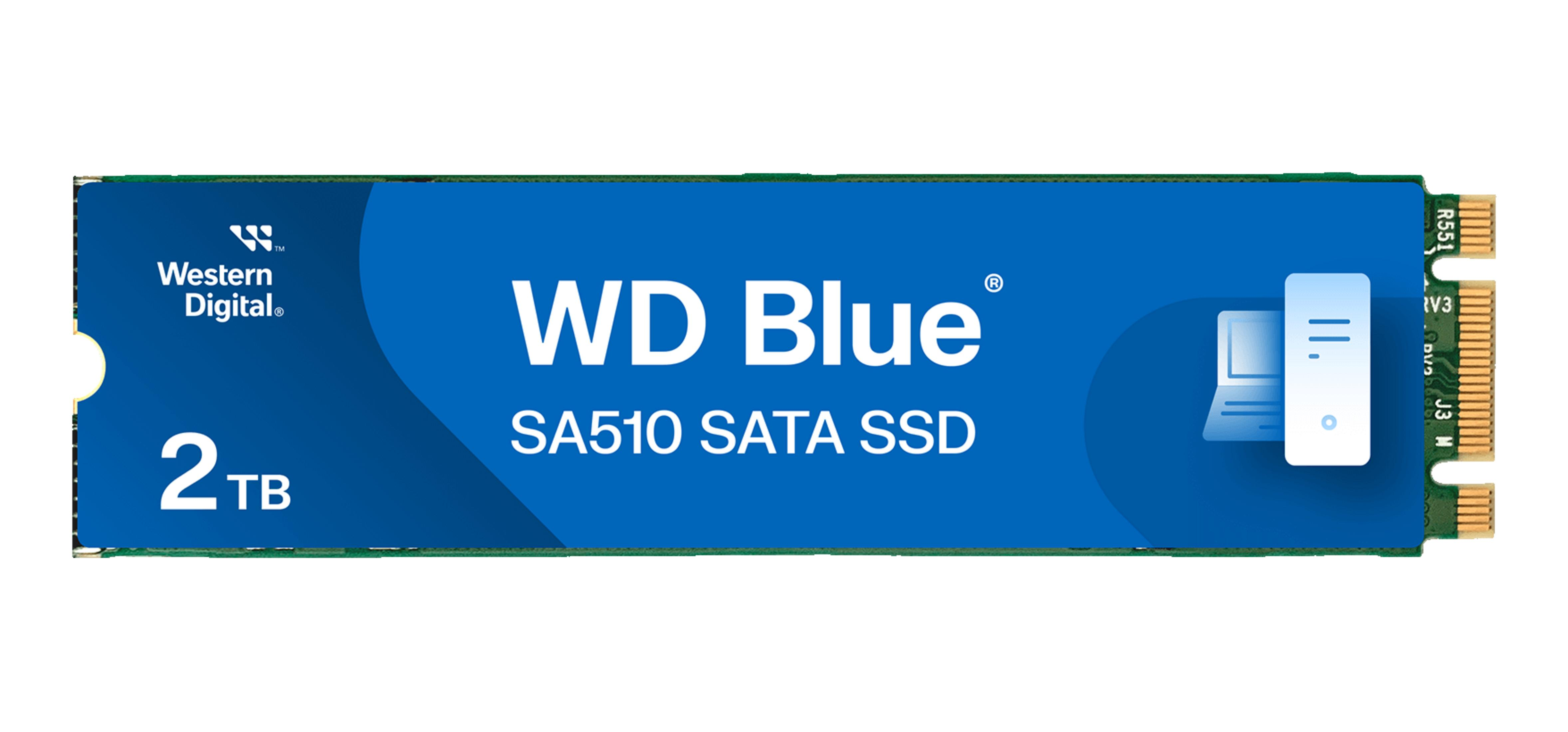Dysk SSD SATA WD Blue 2TB z logo Western Digital i ikoną laptopa.