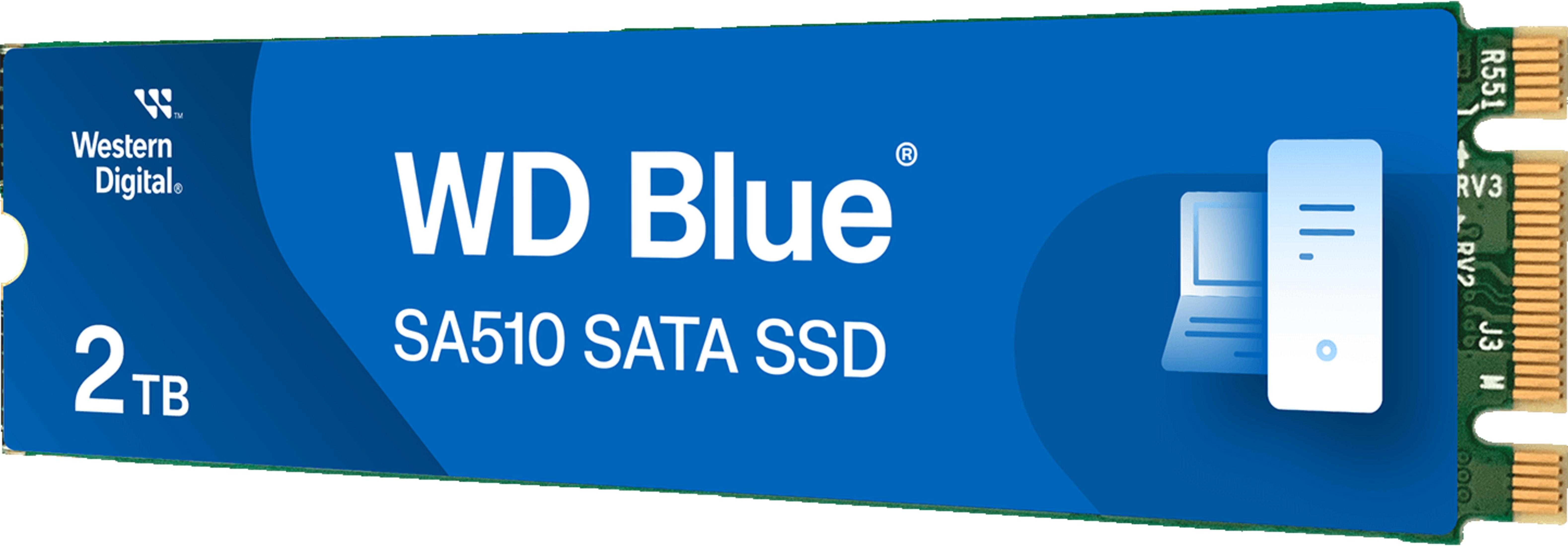 Dysk SSD SATA WD Blue 2TB z logo Western Digital i ikoną komputera.