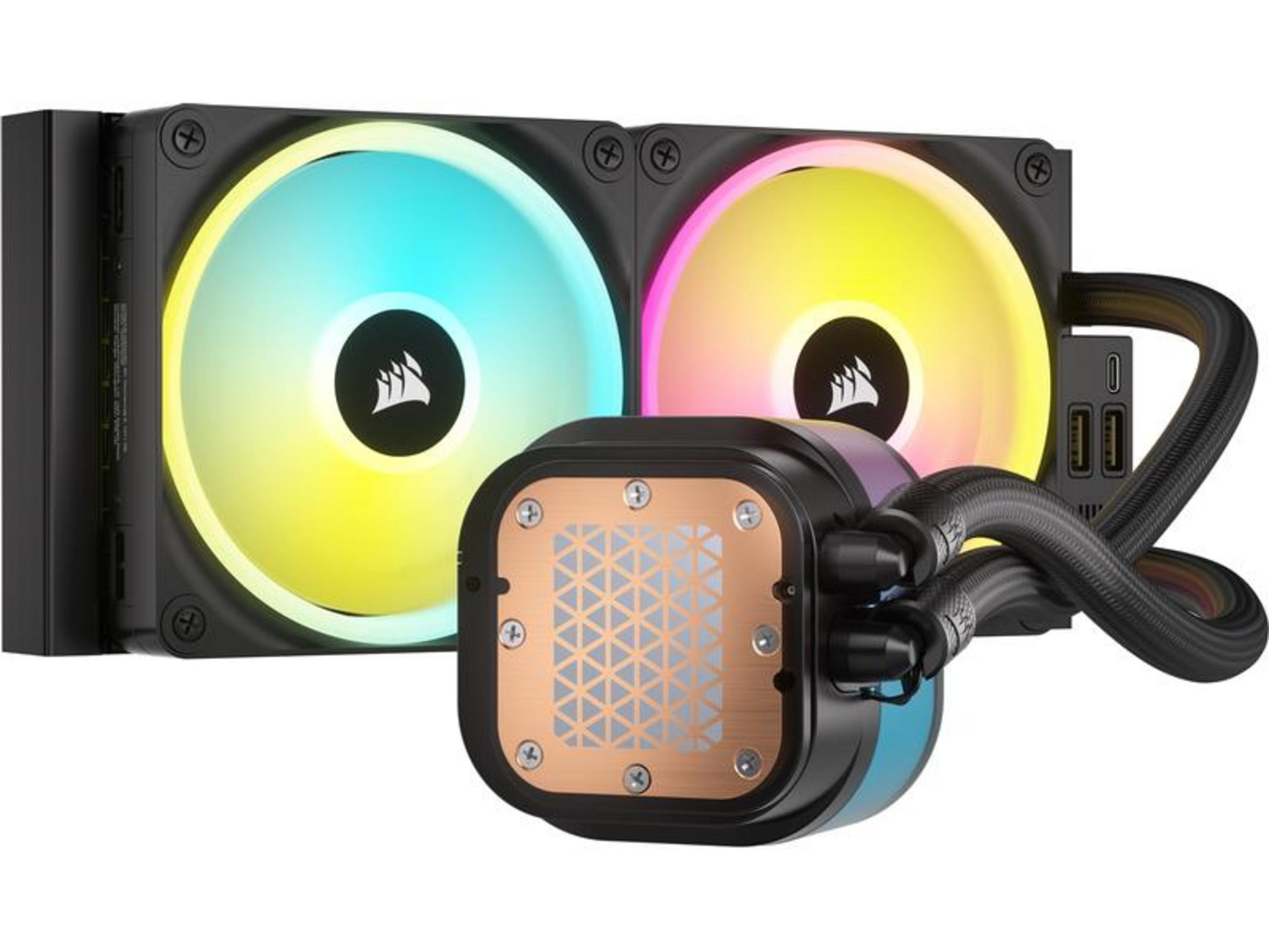 Czarna chłodnica CPU z dwoma wentylatorami RGB i miedzianą płytką.