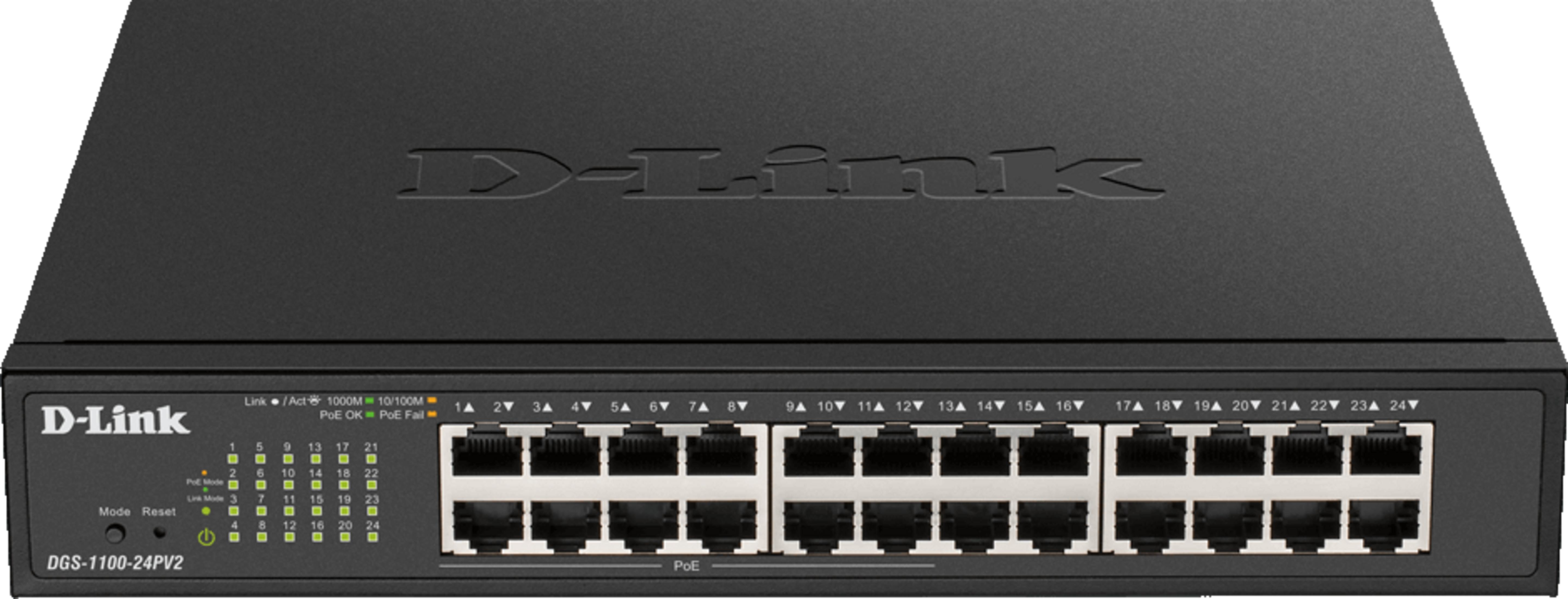 Switch di rete D-Link nero a 24 porte con LED di stato.