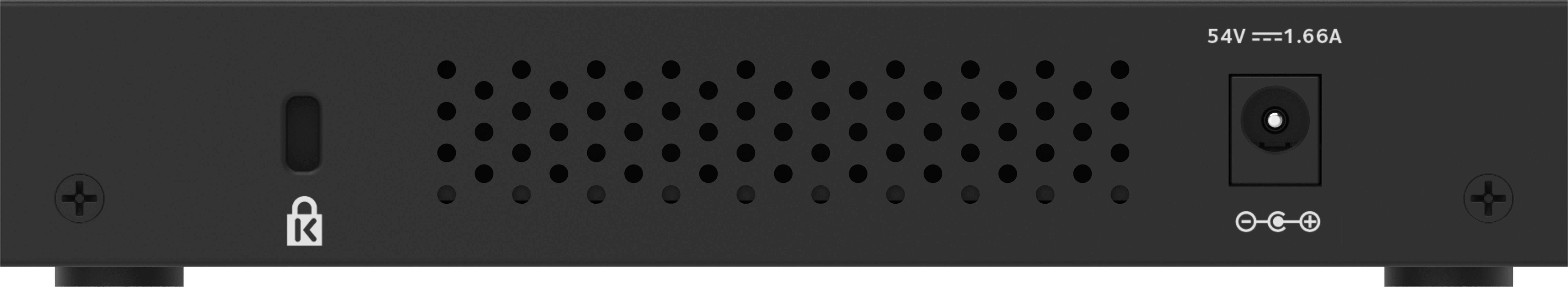 Czarne urządzenie z otworami wentylacyjnymi, złączem zasilania i ikoną bezpieczeństwa.