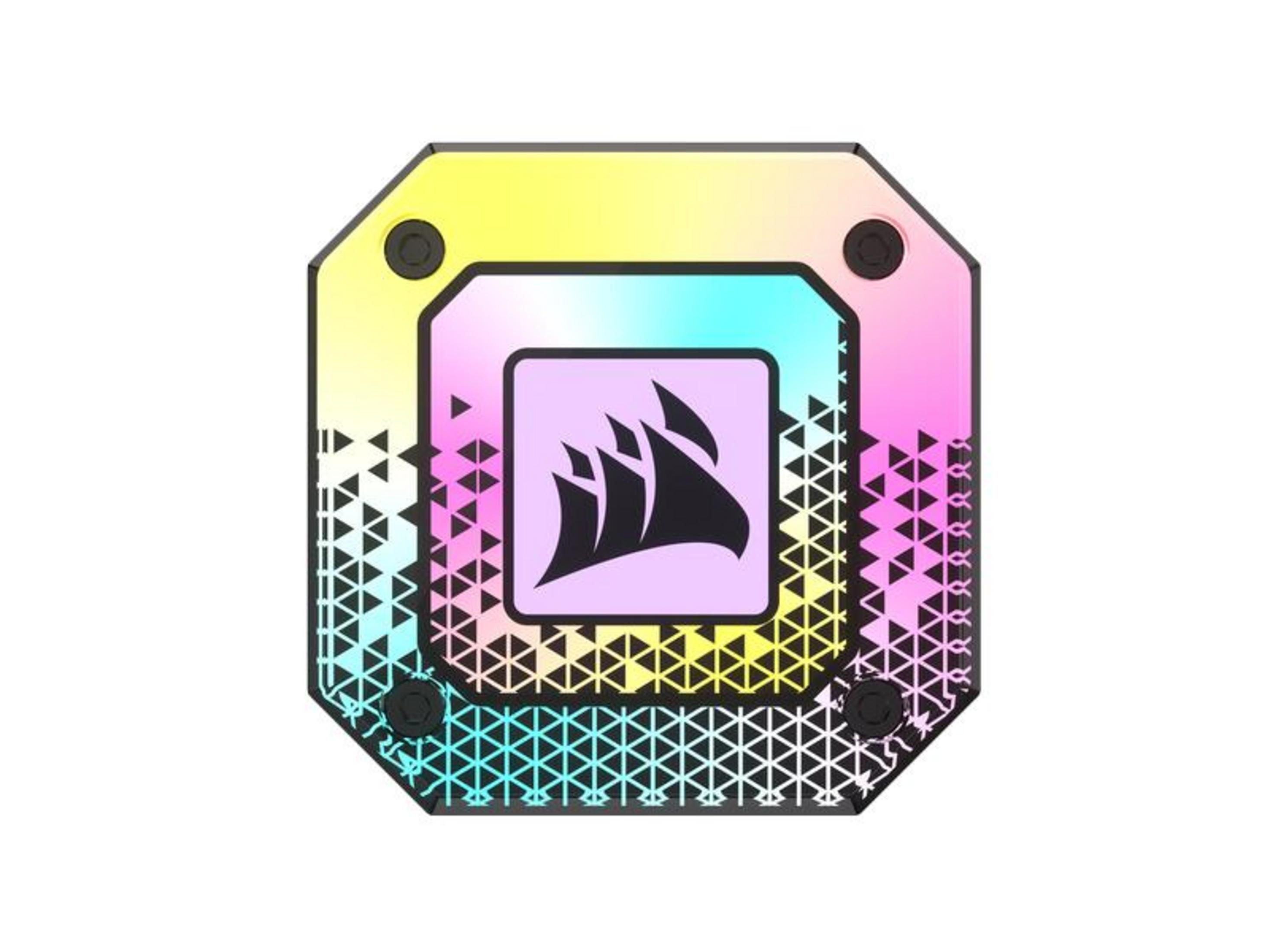 Ośmiokątne urządzenie z podświetleniem RGB i czarnym logo pośrodku.