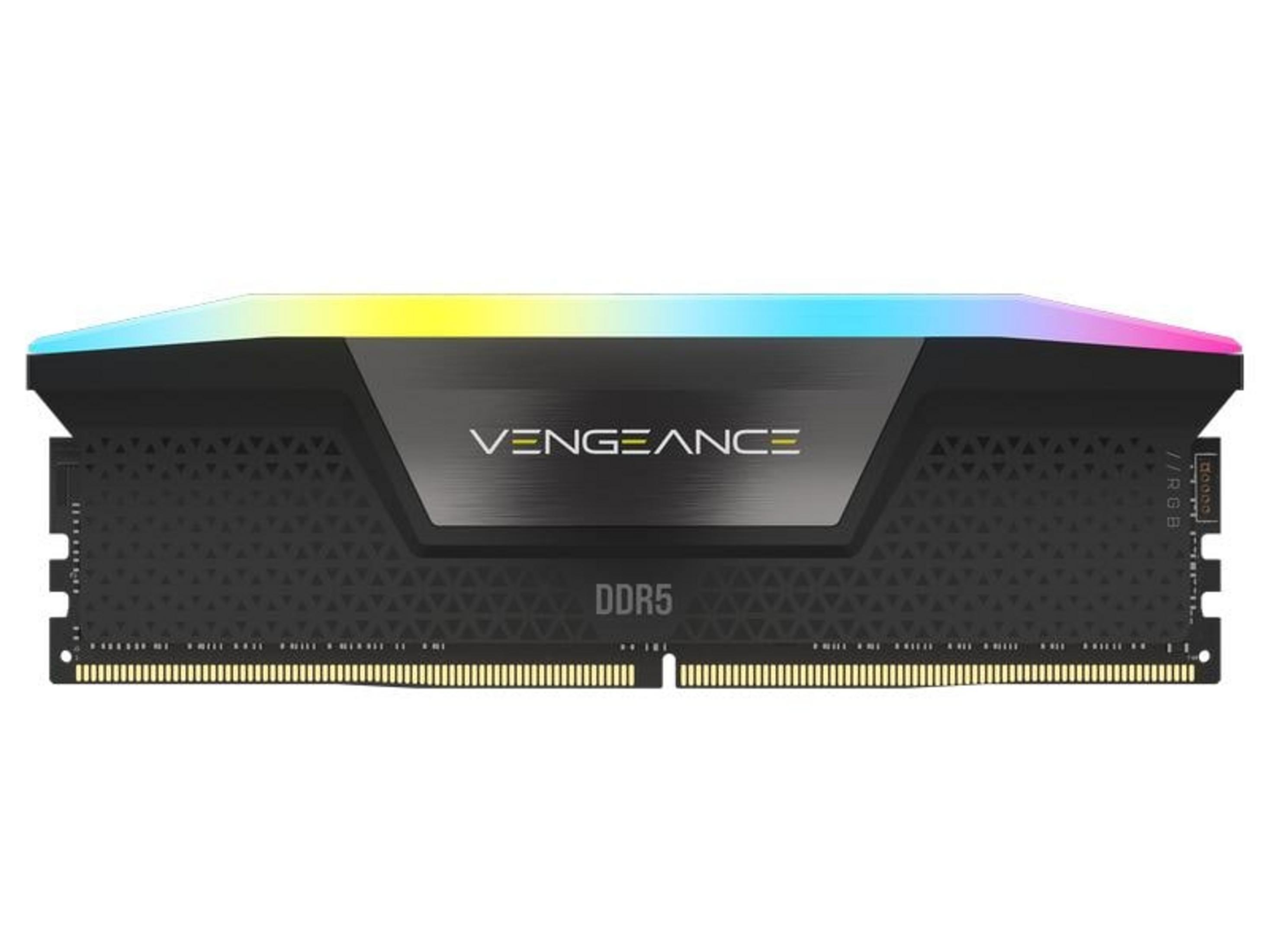 Czarny moduł RAM DDR5 z podświetleniem RGB i logo "VENGEANCE".