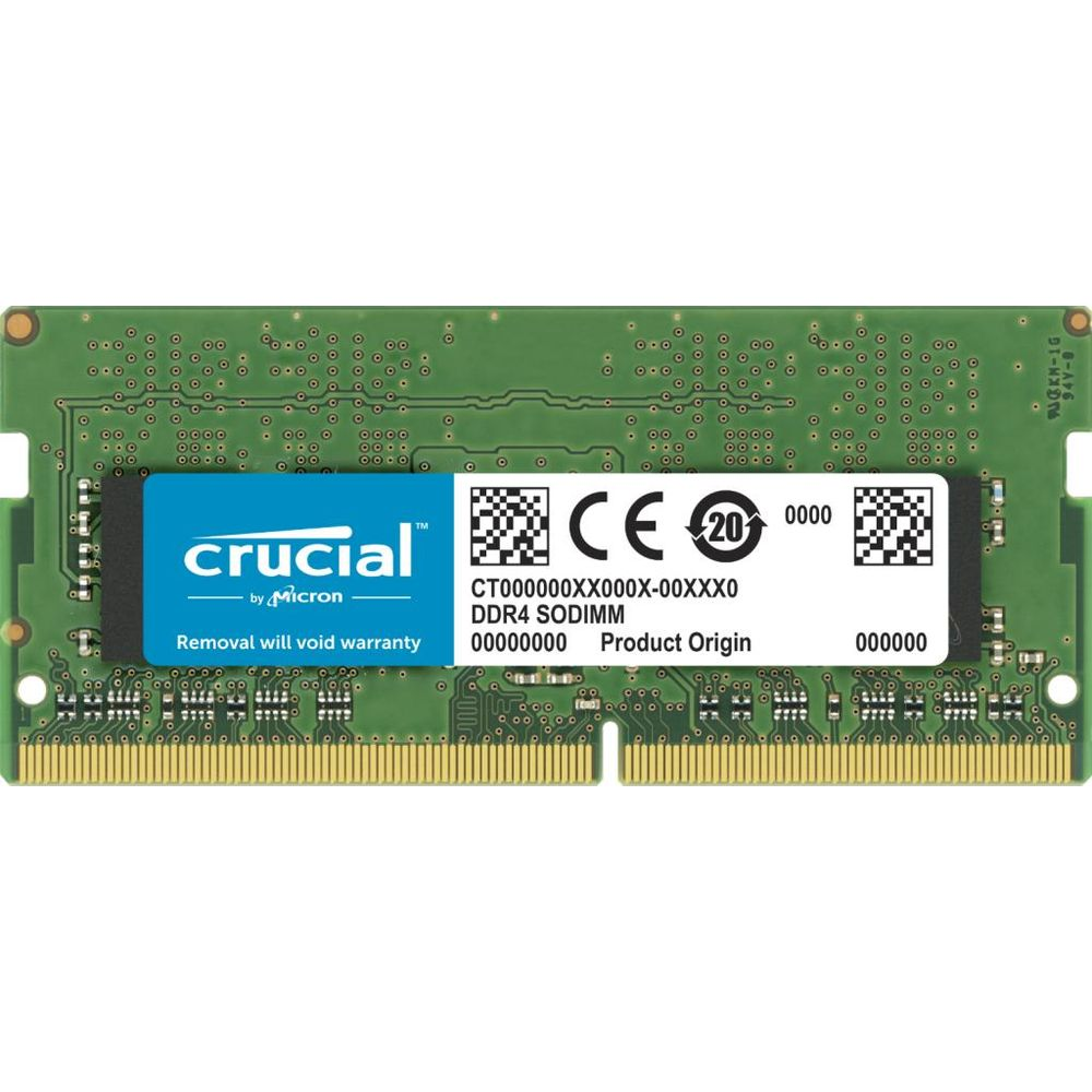 Zielony moduł RAM Crucial DDR4 SODIMM z etykietami.
