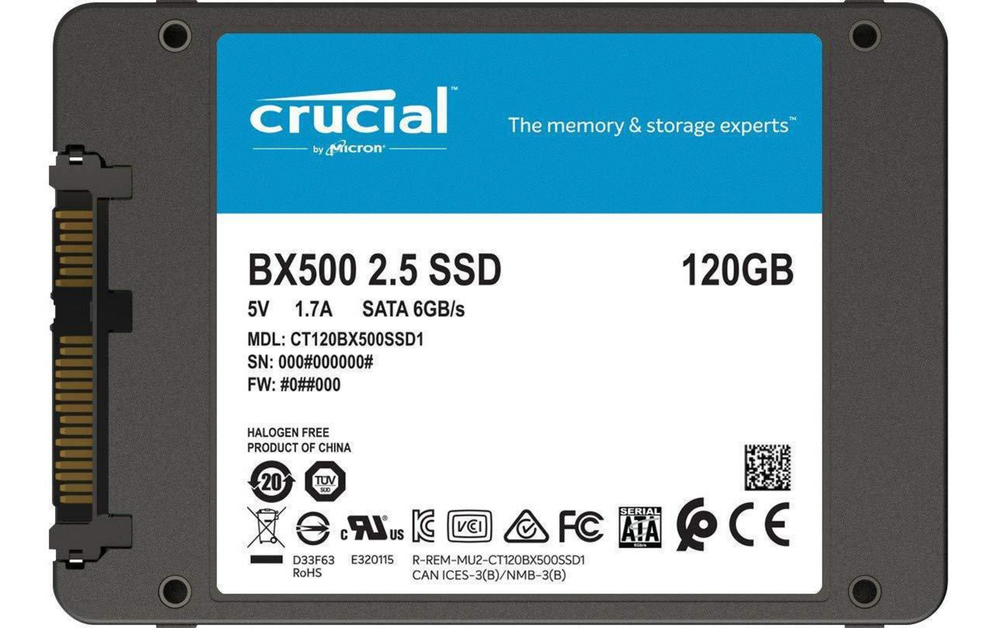 Crucial BX500 120GB 2.5 SSD z interfejsem SATA 6Gb/s i certyfikatami.