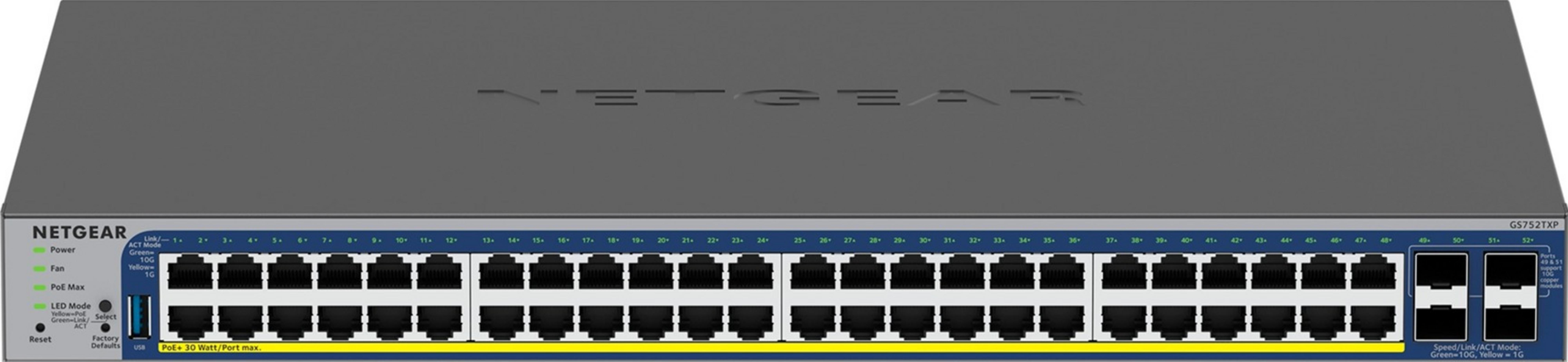 Vorderansicht eines grauen Netgear Netzwerk-Switches mit 48 nummerierten Ethernet-Ports und 4 SFP+-Ports.