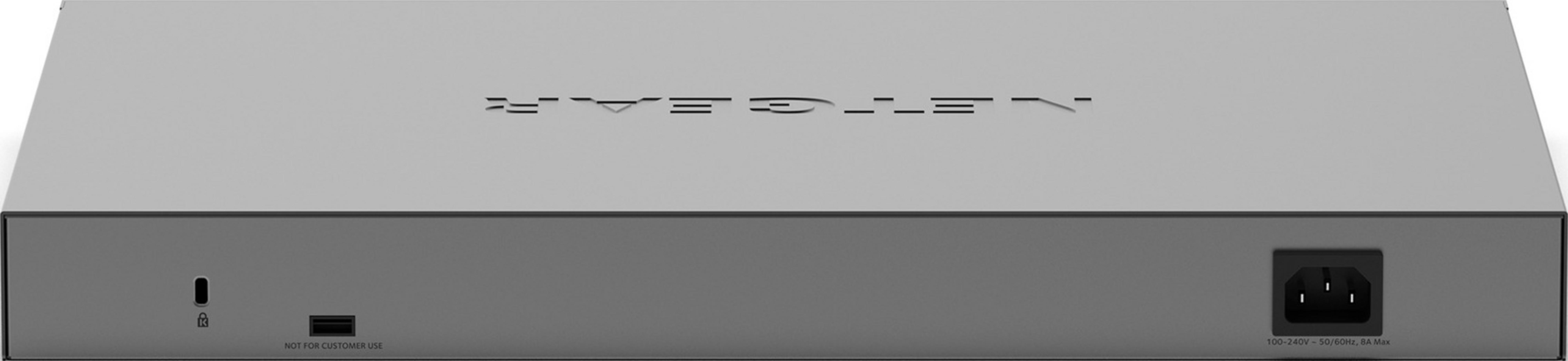 Graues Netgear-Gerät mit Stromanschluss, USB und Schloss-Symbol.