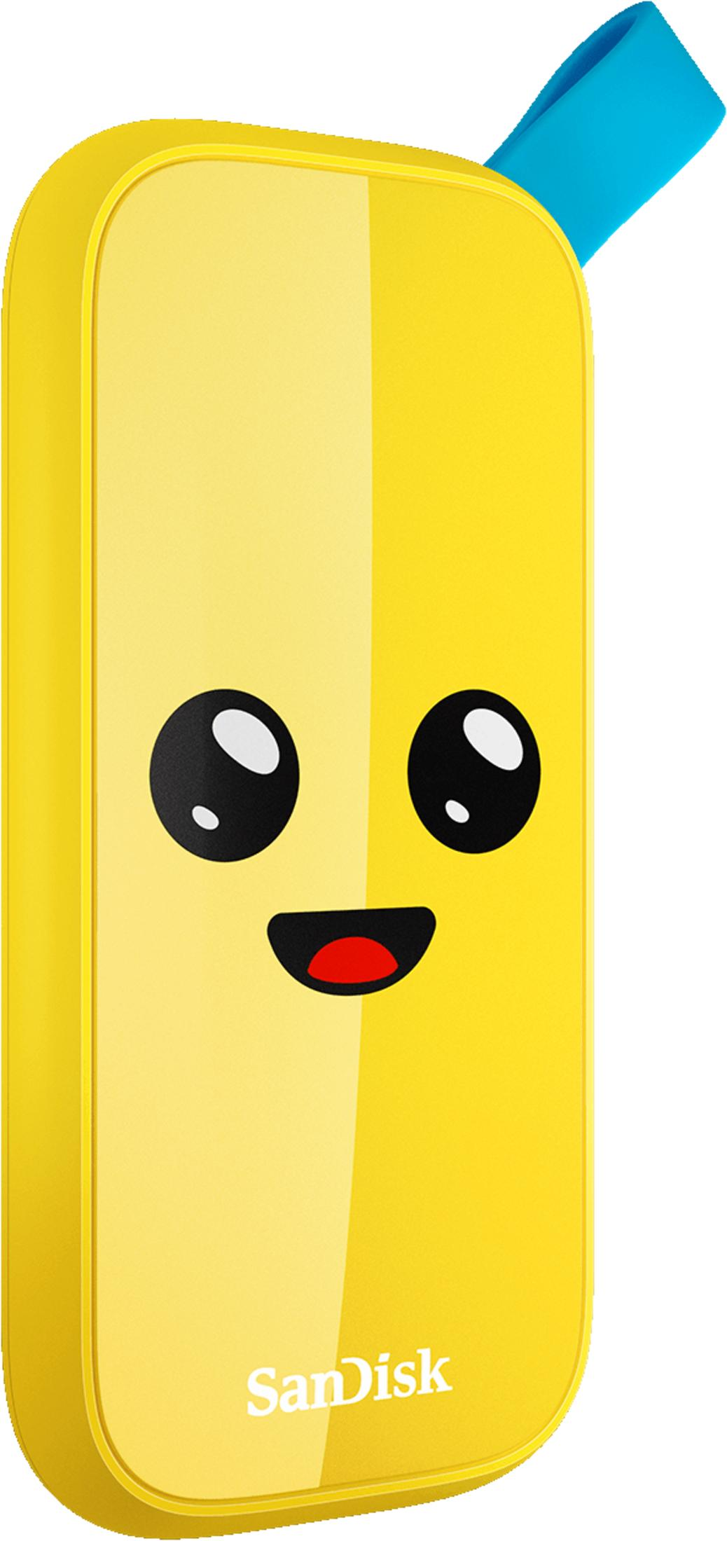 Żółty pendrive z uroczą buźką i niebieskim paskiem.