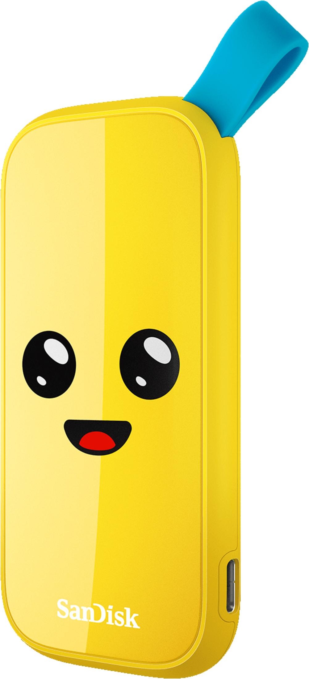 Żółty pendrive SanDisk z uroczą buźką i niebieskim paskiem.