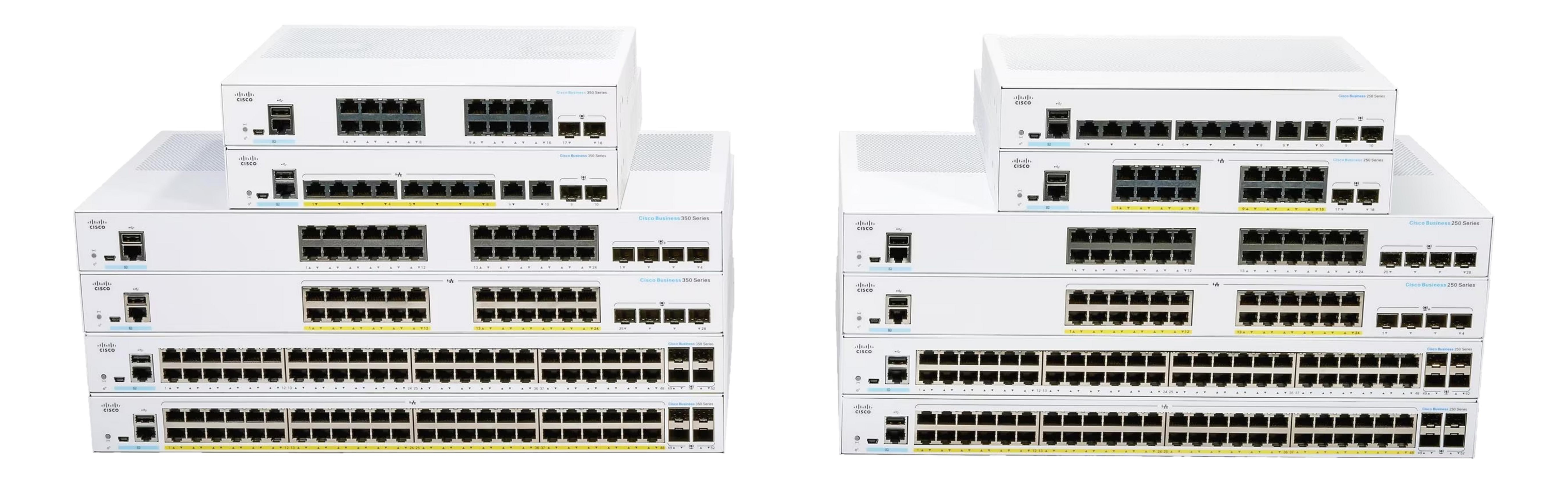 Stapel weißer Cisco-Netzwerk-Switches. Linker Stapel hat 4, rechter 5.