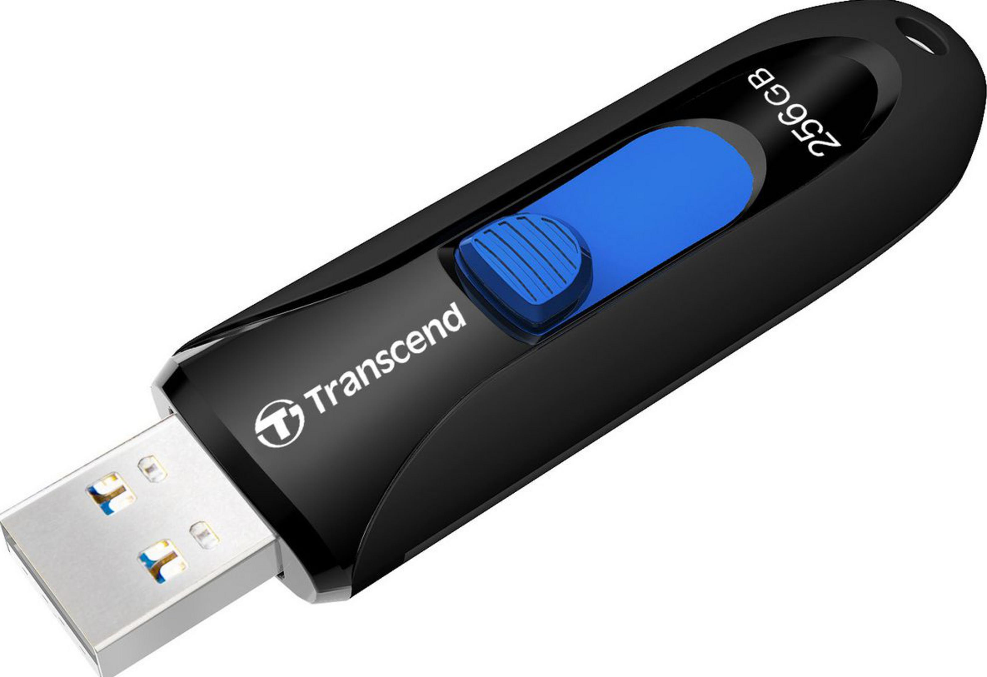 Clé USB Transcend noire avec curseur bleu et capacité de 256 Go.
