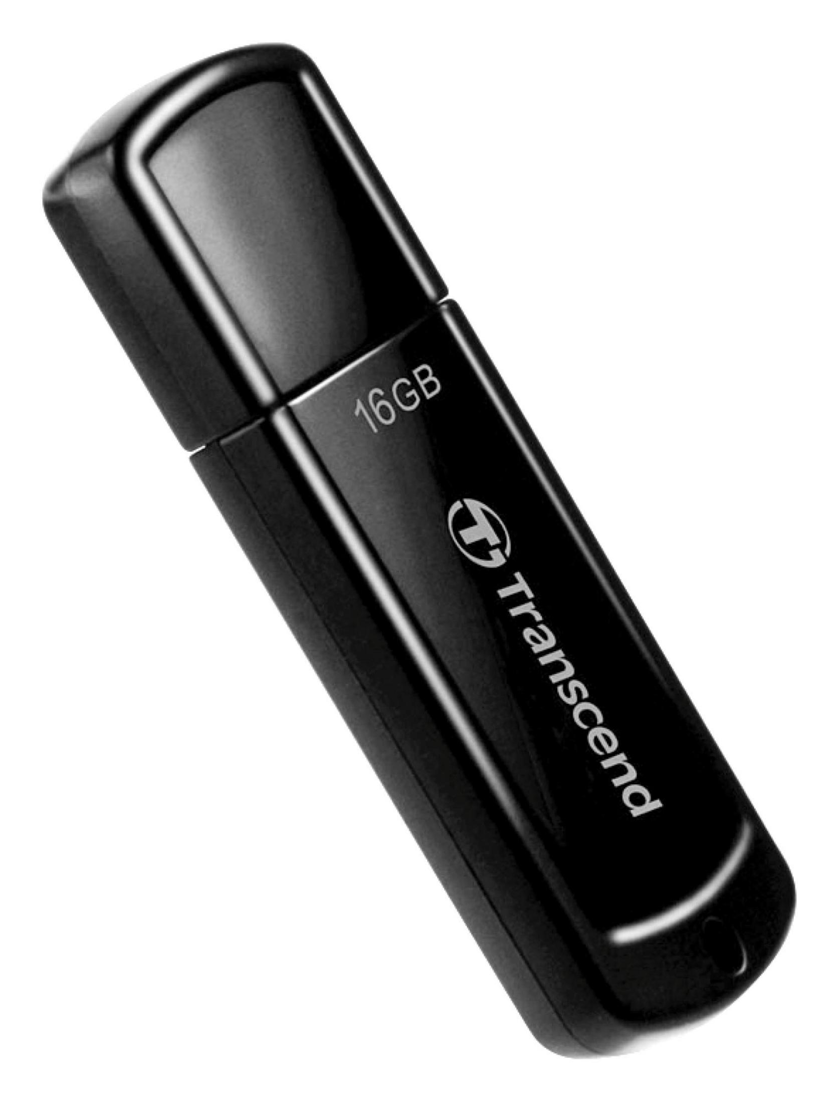 Czarny pendrive Transcend 16GB na białym tle.