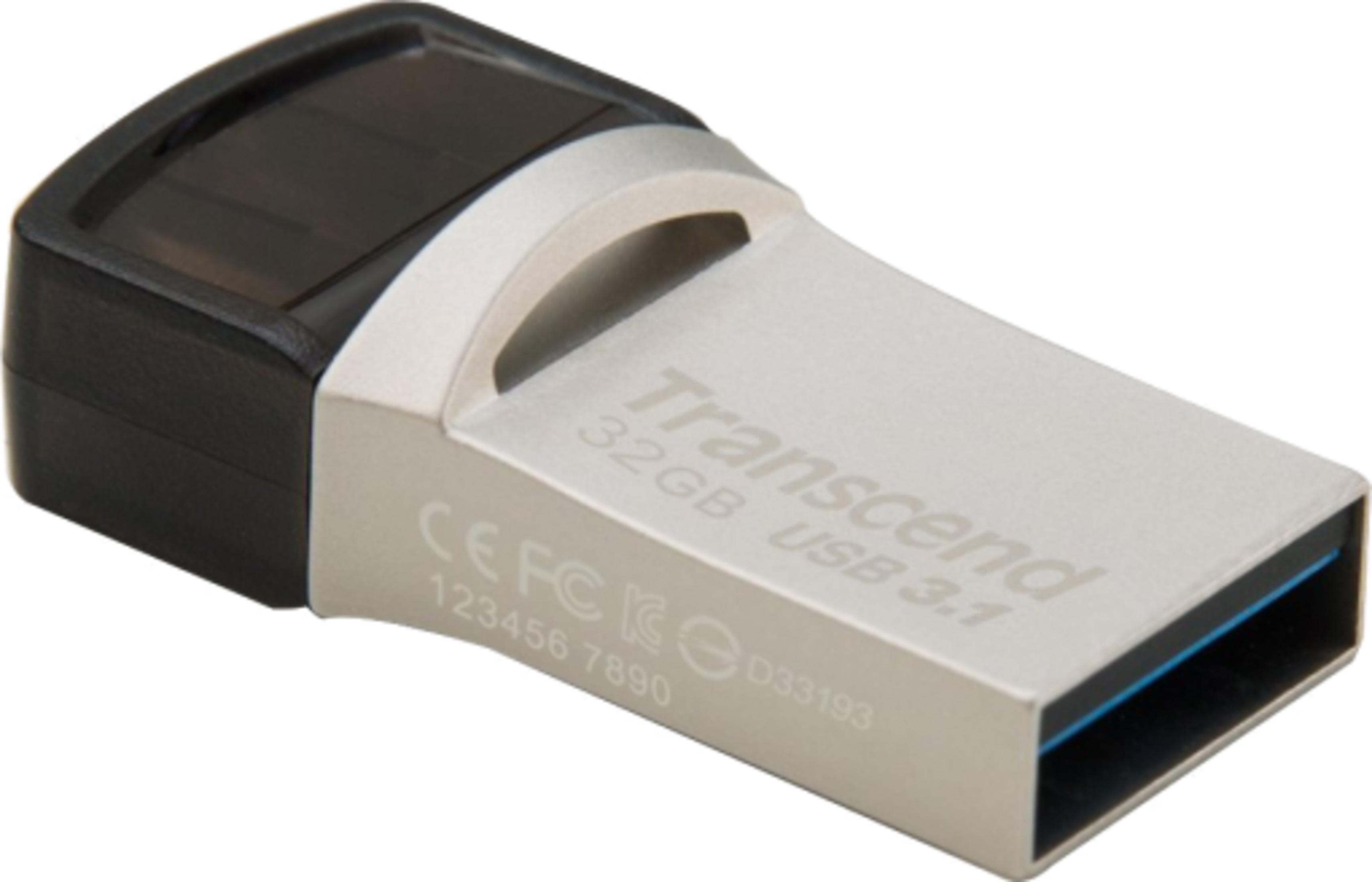 Srebrny pendrive Transcend 32GB USB 3.1 z czarną końcówką.
