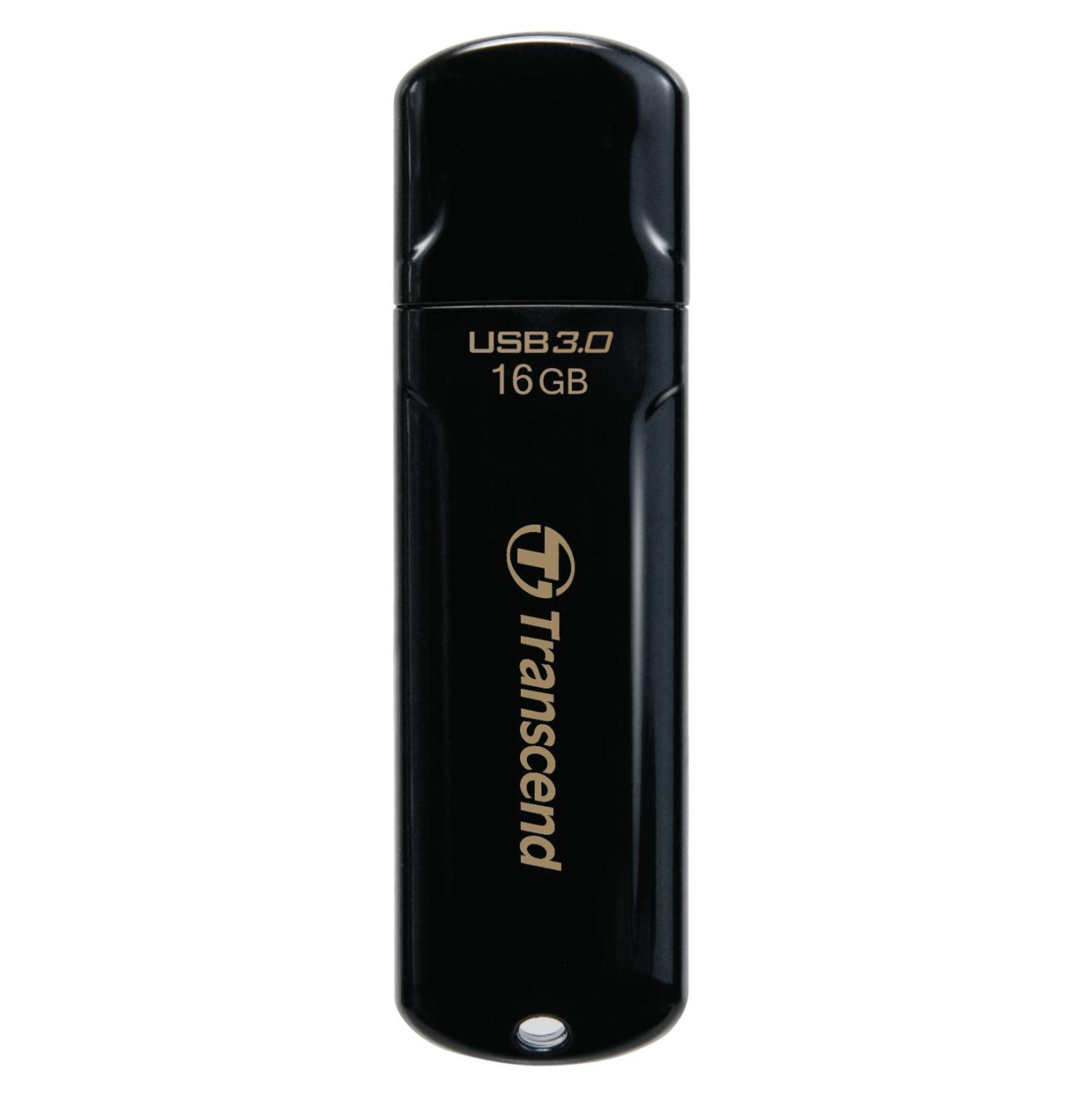 Czarny pendrive USB 3.0 16 GB z logo Transcend.