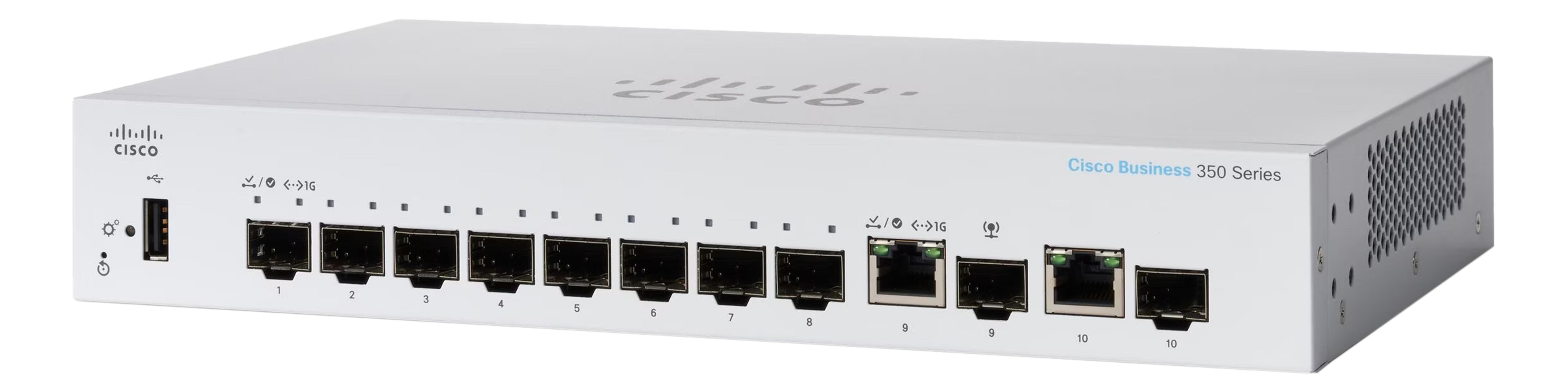 Uno switch Cisco Business 350 Series bianco con 10 porte Ethernet e USB.