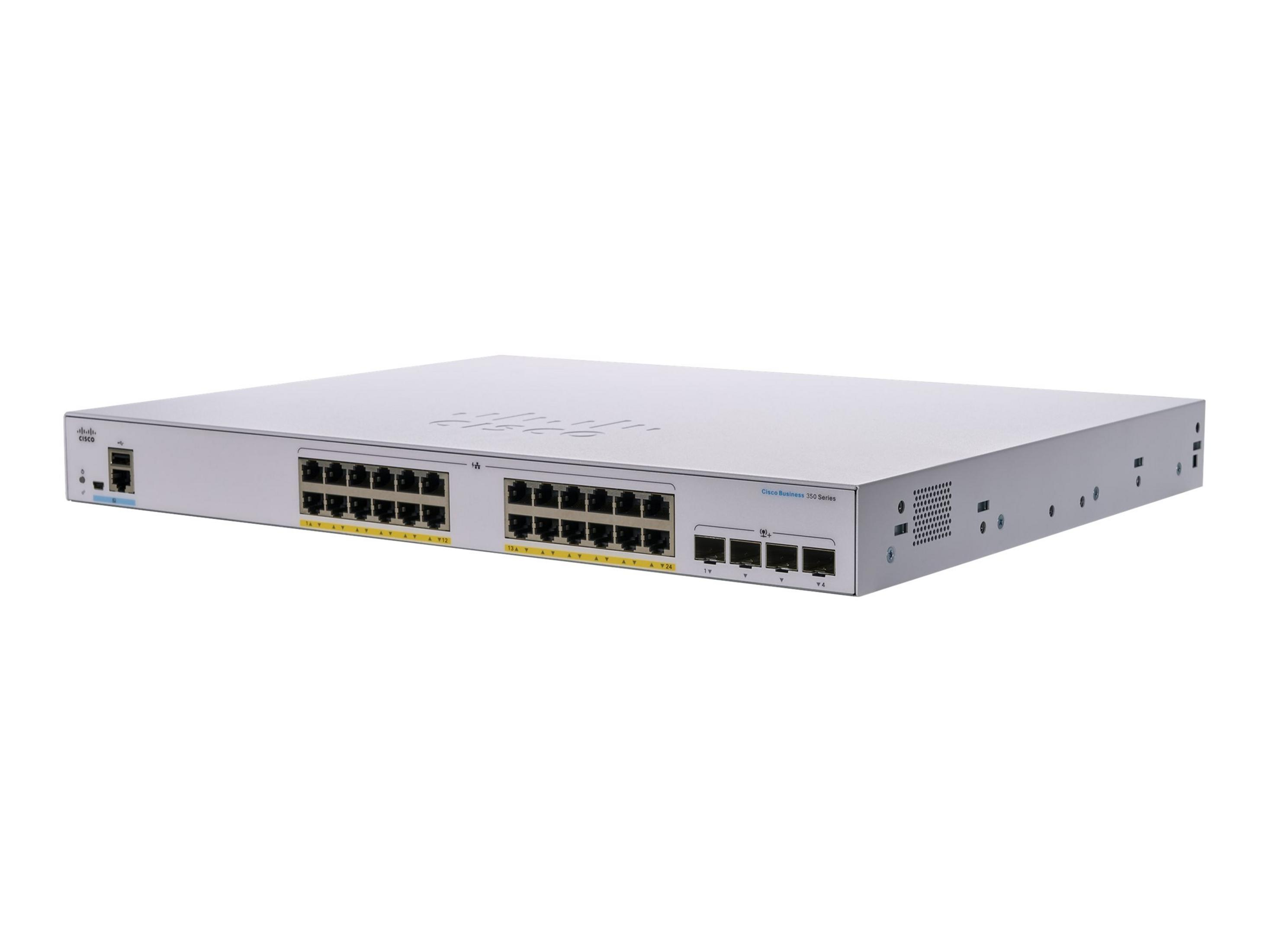 Un switch de red Cisco Business 350 Series plateado con 28 puertos.