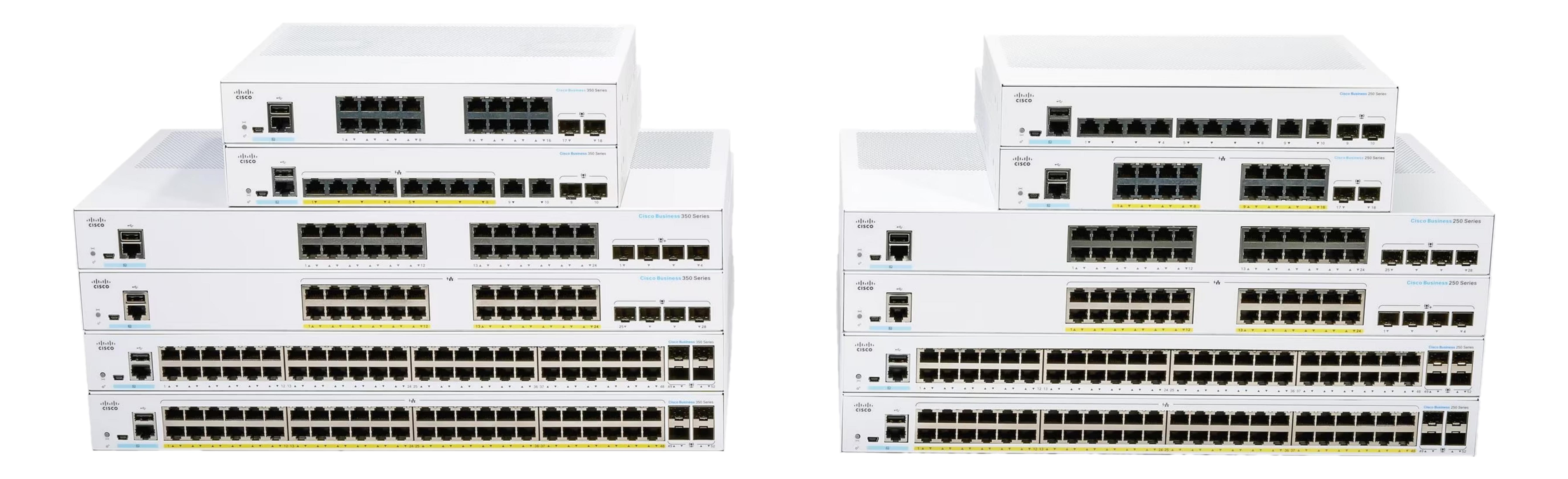 Ułożone w stos białe przełączniki sieciowe Cisco Business z wieloma portami.