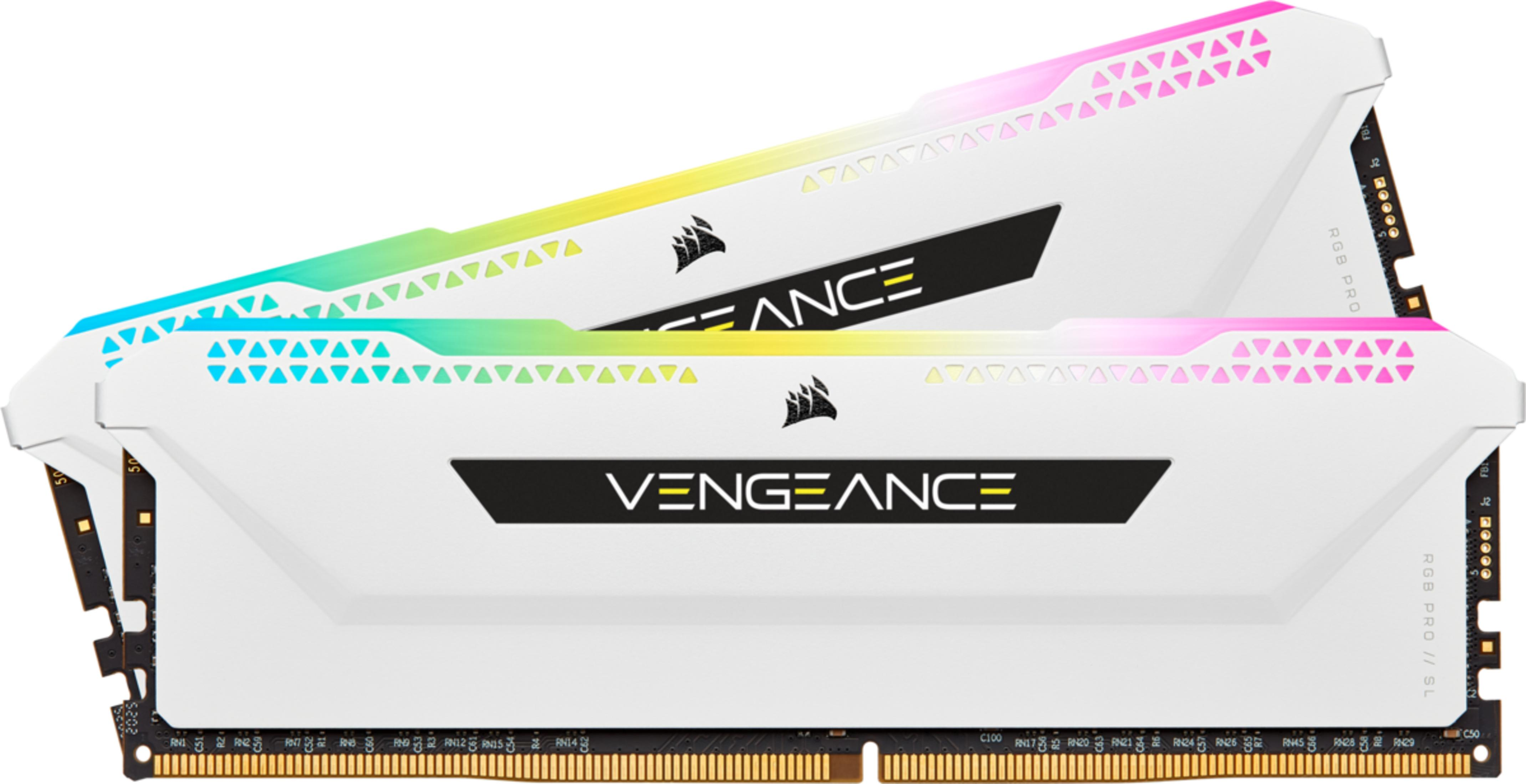 Dwa białe moduły RAM Corsair Vengeance RGB z wzorem trójkątów i kolorowym podświetleniem.